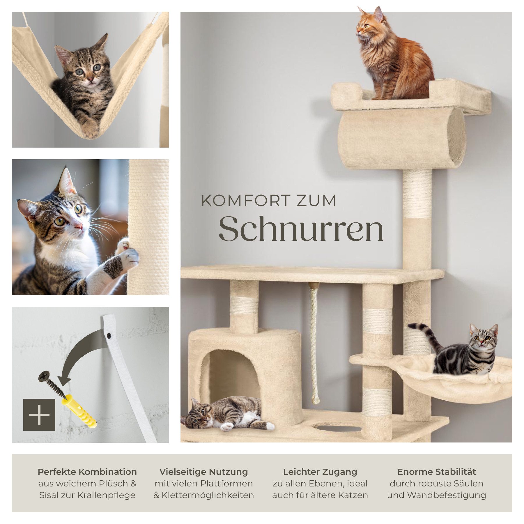 tectake Kratzbaum Katzenbaum Stokeley 141 cm Diverse Farben, Vielseitig mit robusten Sisalstangen und Plüschoberfläche