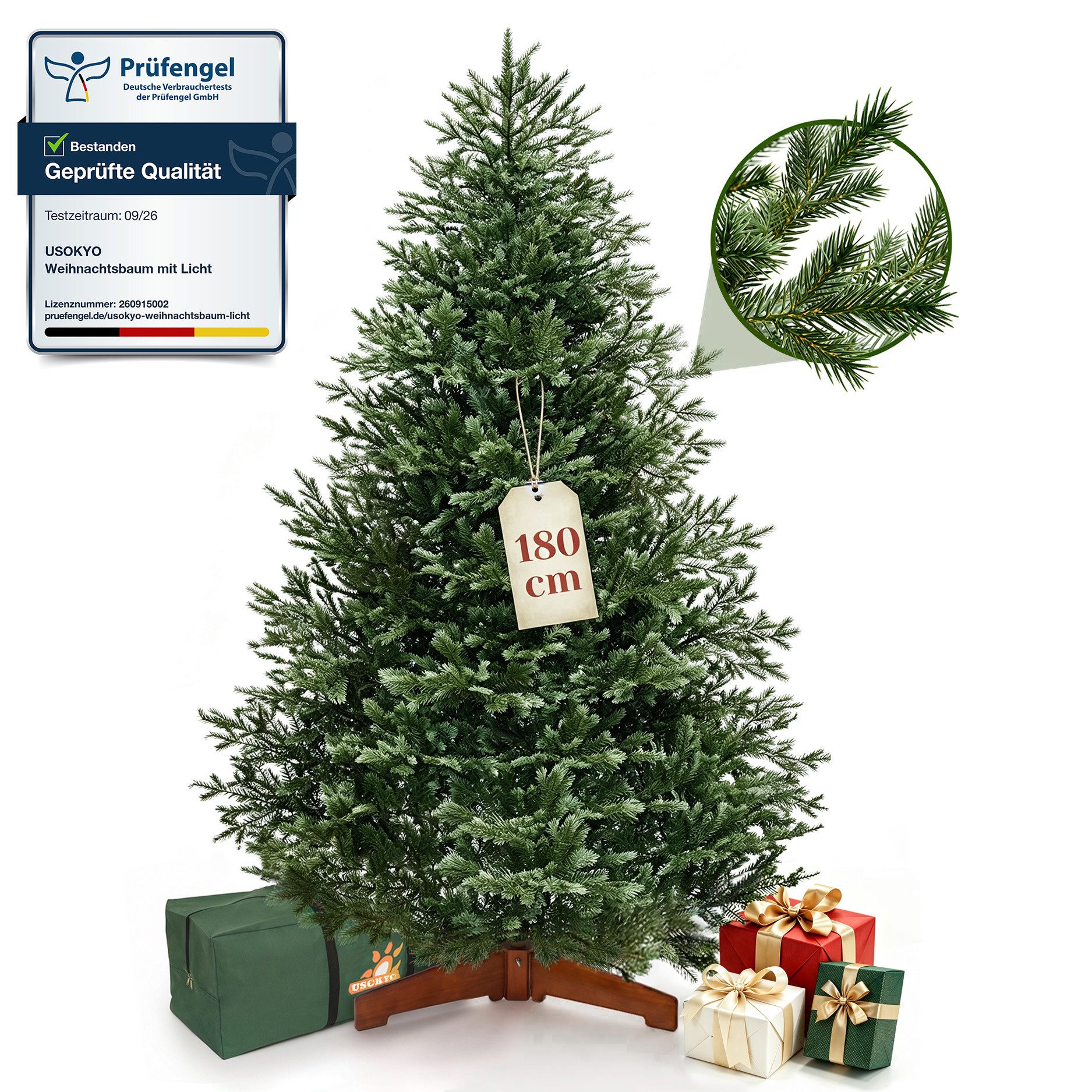 USOKYO Künstlicher Weihnachtsbaum 100 % PE [1,2m/1,8 m/2,1 m] - Naturgetreue Nordmanntanne, Tannenbaum, Premium Weihnachtsbaum mit Holzständer, Klappsystem & langlebig