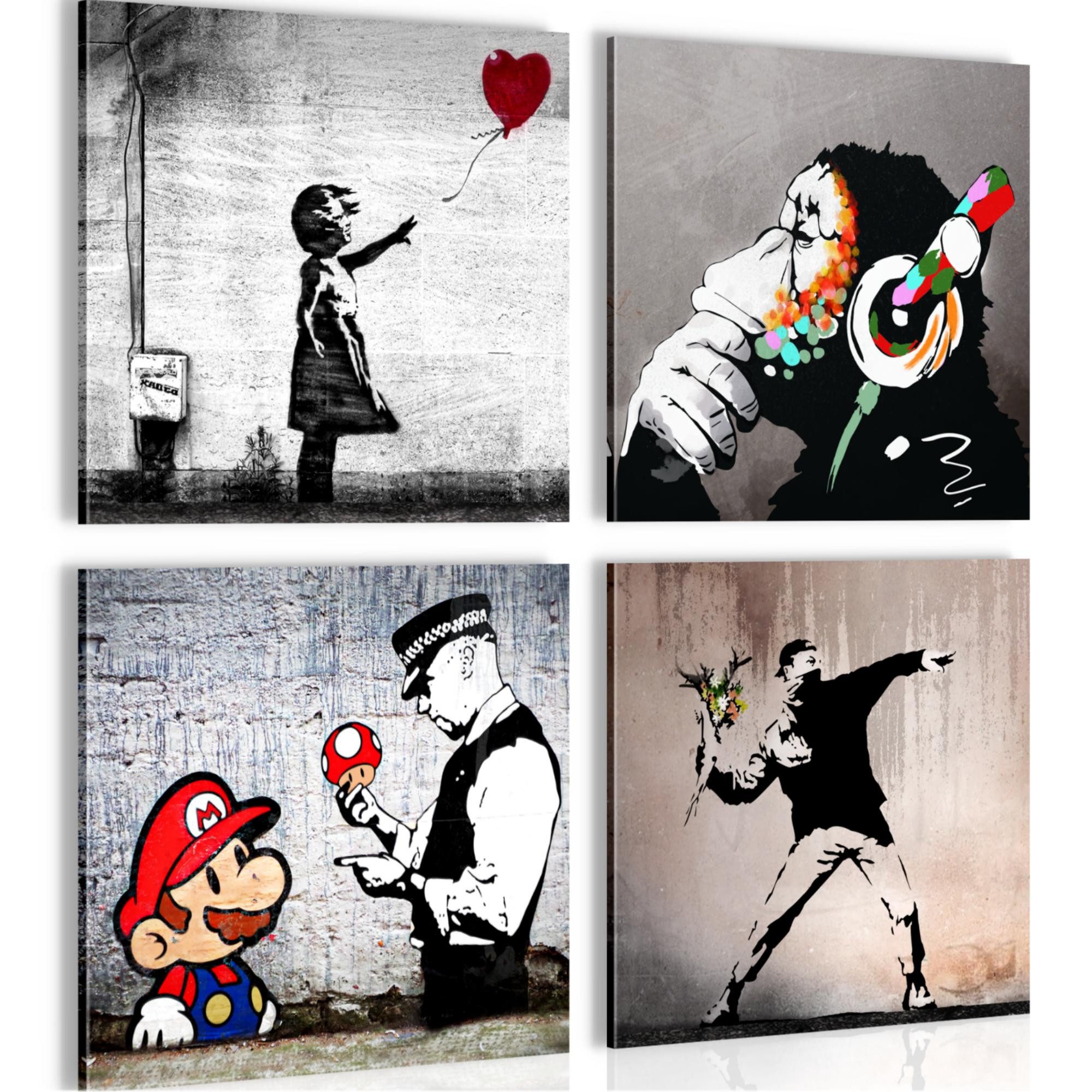 Novart Wandbild Set Banksy Style Collage Loft Grau Bilder Modern Streetart Graffiti
