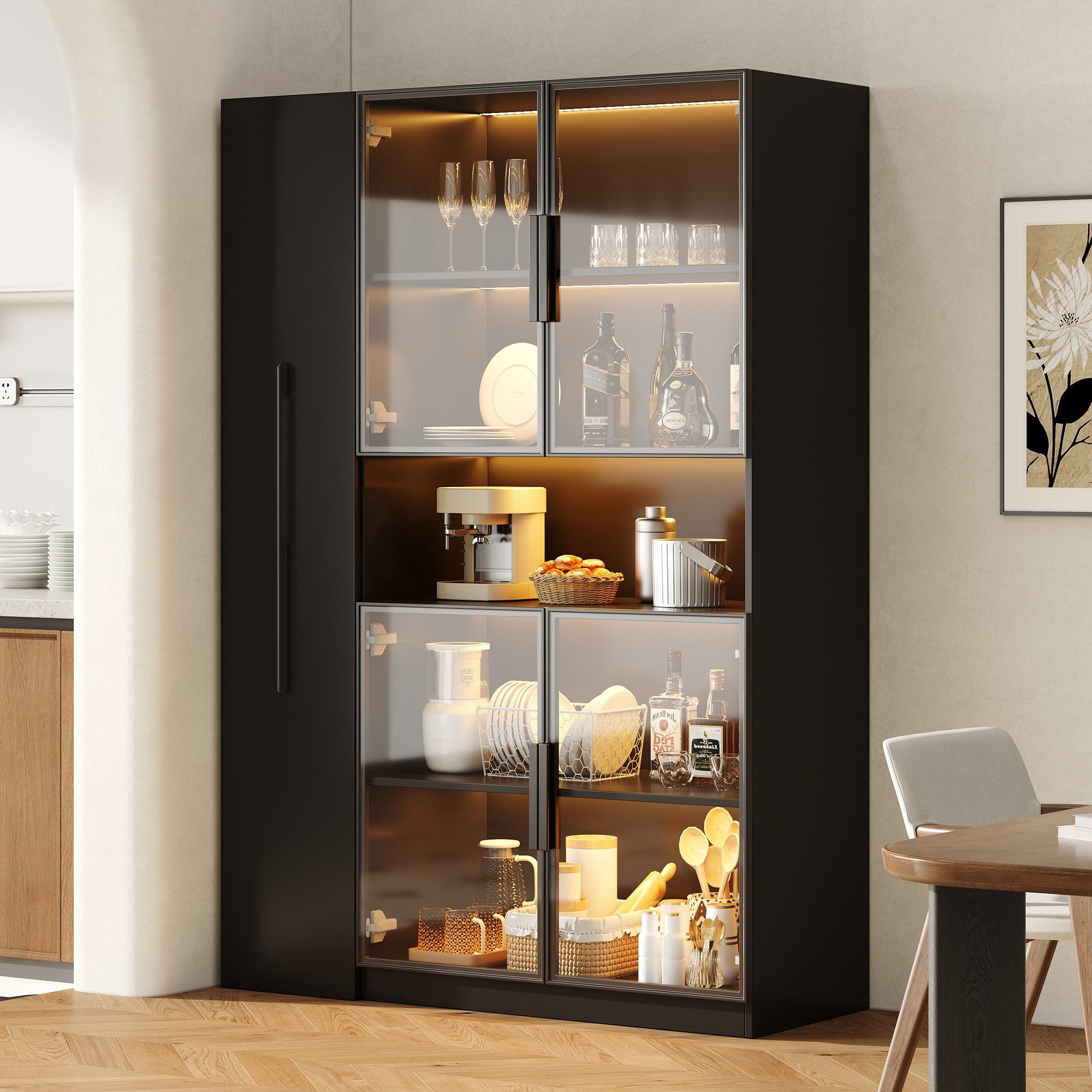 Flieks Glasvitrine mit LED-Beleuchtung, Glastüren und ausziehbaren Regalen (1-St., 110x35x160 cm) multifunktional Standvitrine Eckschrank Hochschrank Sammlervitrine