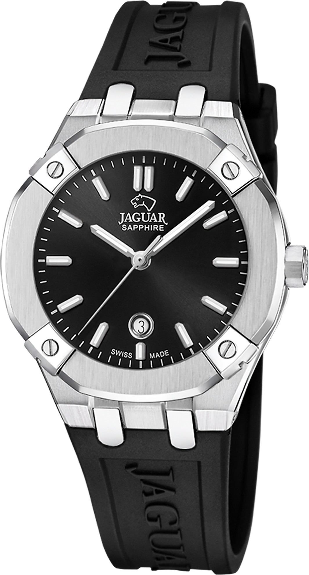 JAGUAR Quarzuhr Jaguar Damenuhr Silikon schwarz Jaguar, (Analoguhr), Damen Armbanduhr rund, Silikonarmband schwarz