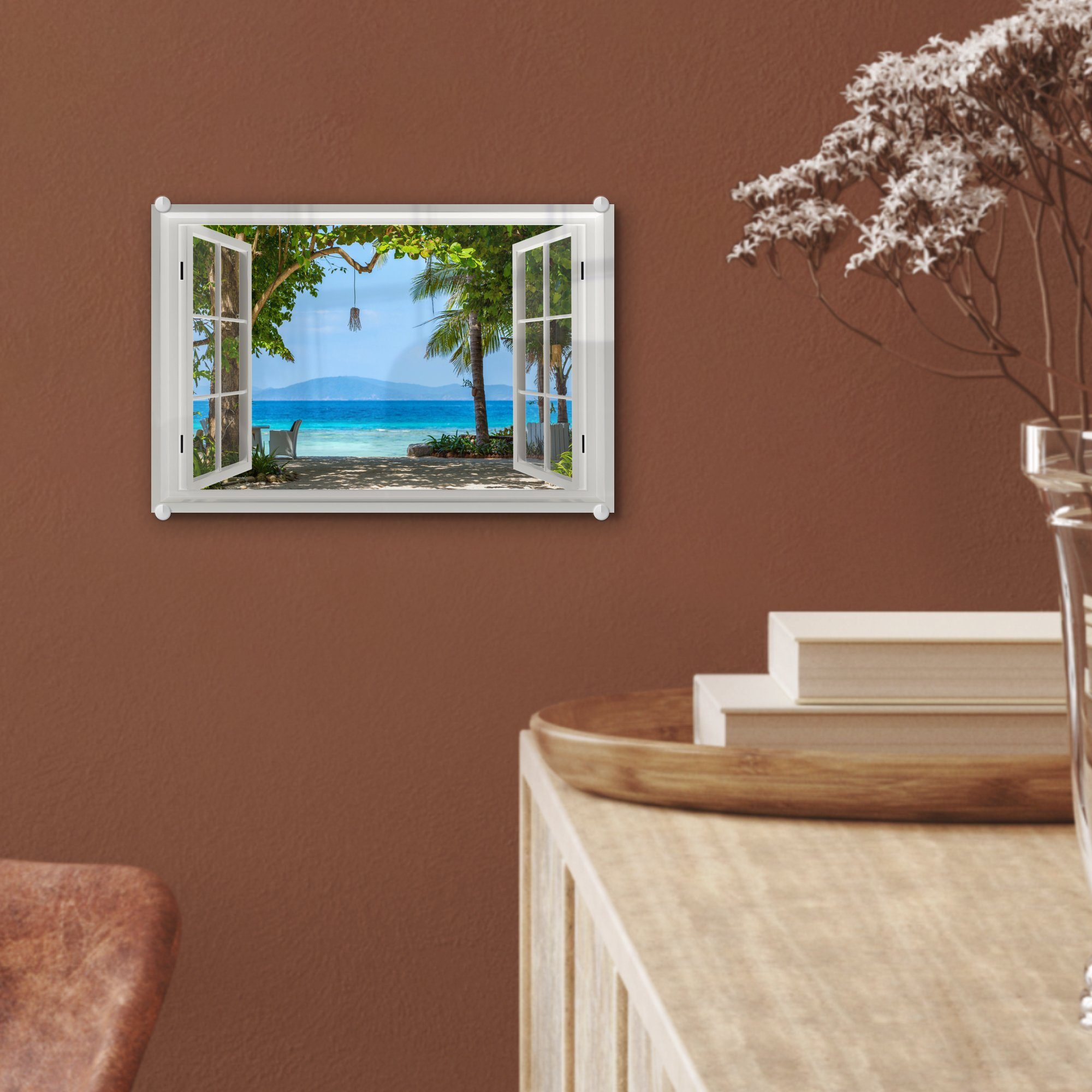 MuchoWow Acrylglasbild Glas - Wandbild Blau, Glasbilder Palme - - bunt Bilder - St), - Wanddekoration auf Meer - Strand Foto (1 Baum Aussicht Glas auf - Hügel - 
