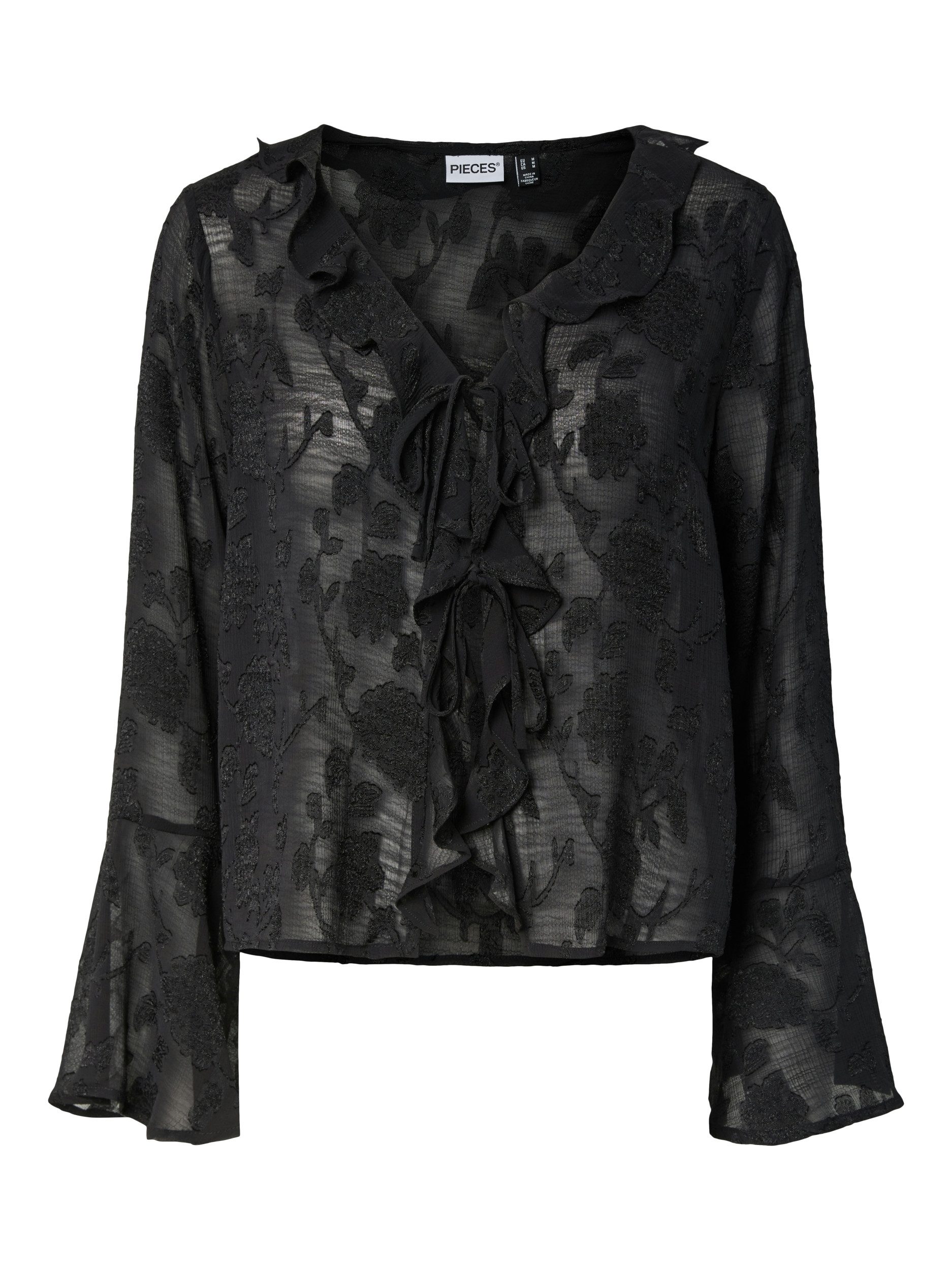 pieces Langarmbluse PCNAYA LS V-NECK FRILL TIE TOP WVN