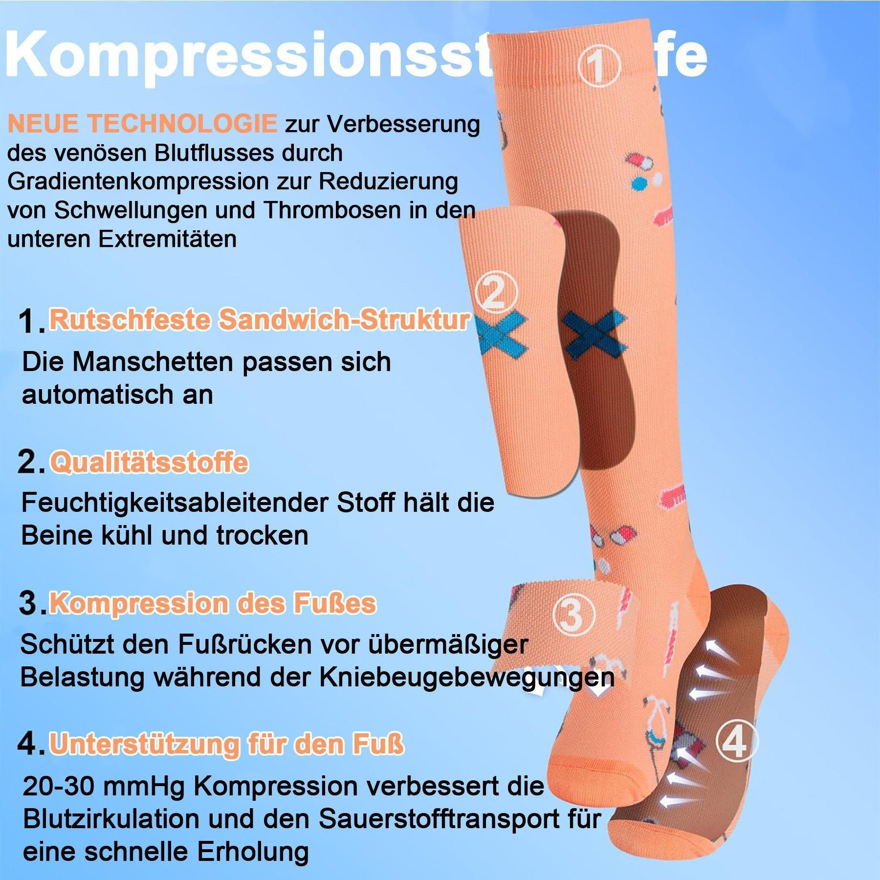Mutig Kompressionsstrümpfe 6 Paar Lange Kompressionssocken für Damen & Herren (Sportsocken & Reisesocken, Bequem und Elastisch) Ideal für Sport, Reisen und Allt – Bild 4 von 5