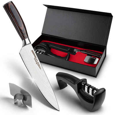 Salqinos® Allzweckmesser - Profimesser aus Carbon Edelstahl mit Messerschärfer & Fingerschutz