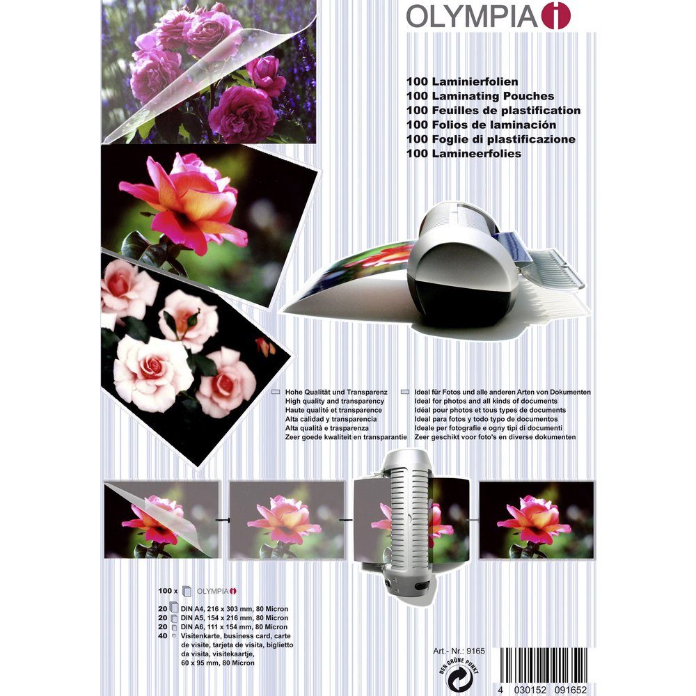 Olympia Laminiergerät Olympia Laminierfolie DIN A4, DIN A5, DIN A6, 95 x 60 mm 80 micron 1
