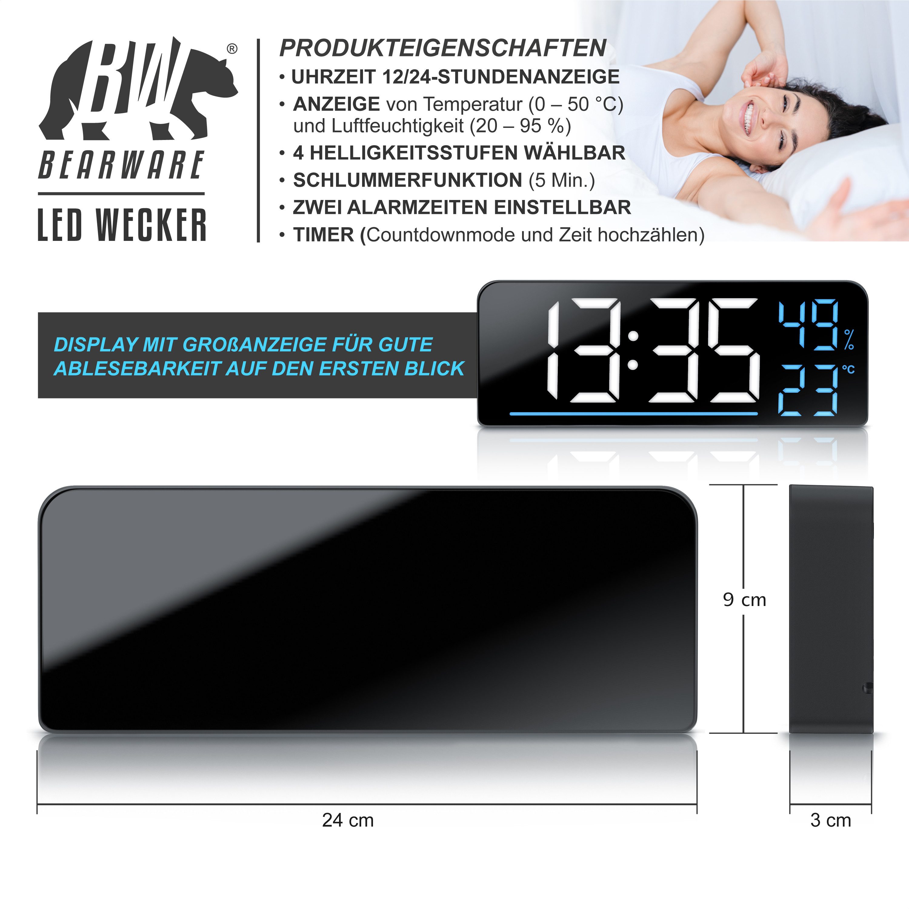 BEARWARE Wecker Digitaler LED Wecker 9,5 Zoll mit 2 Alarmzeiten, Timer & Se günstig online kaufen