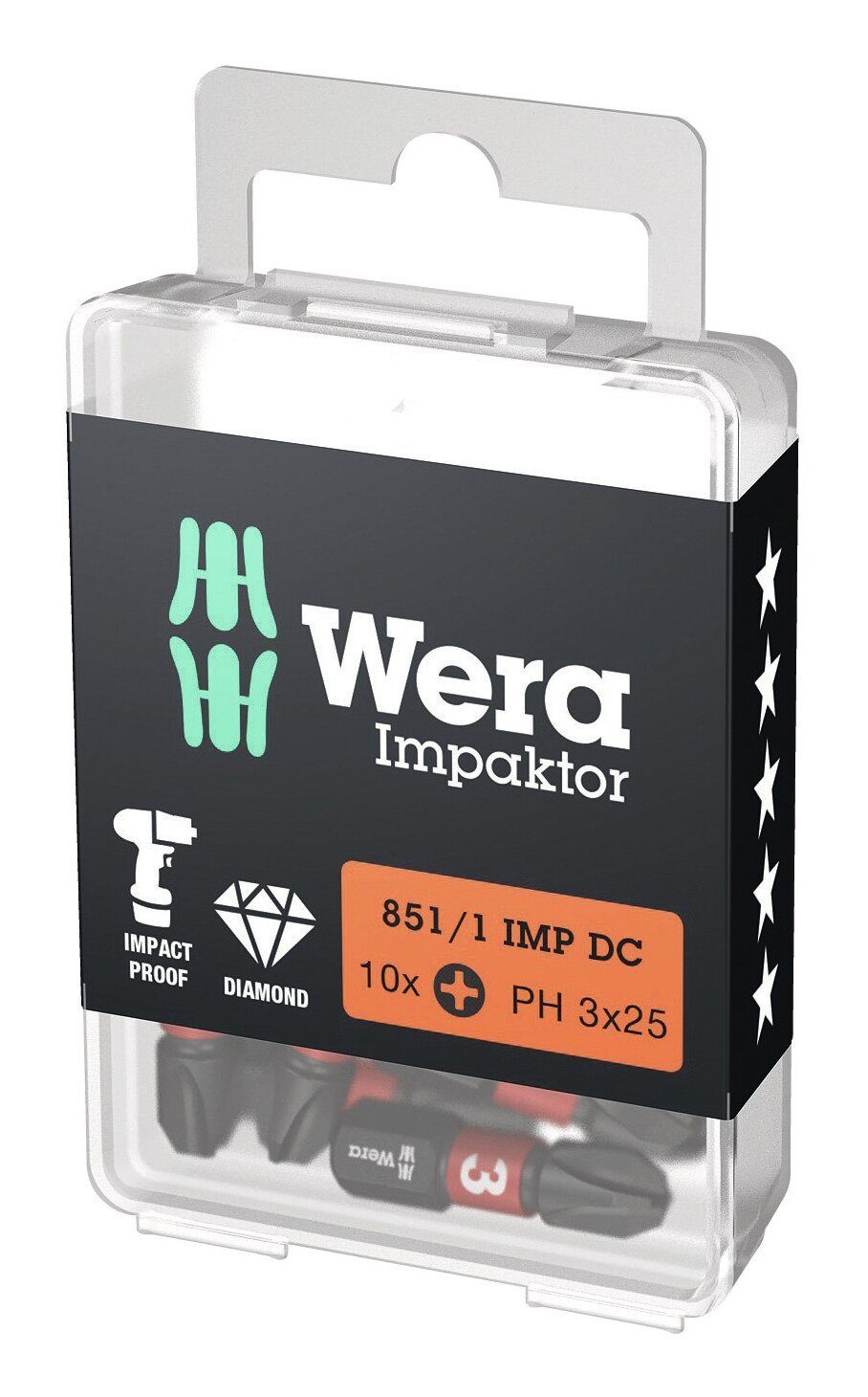 Wera Bit-Set, Bit-Sortiment Impaktor 1/4" DIN 3126 C6,3 PH3 x 25 mm 10er Pack