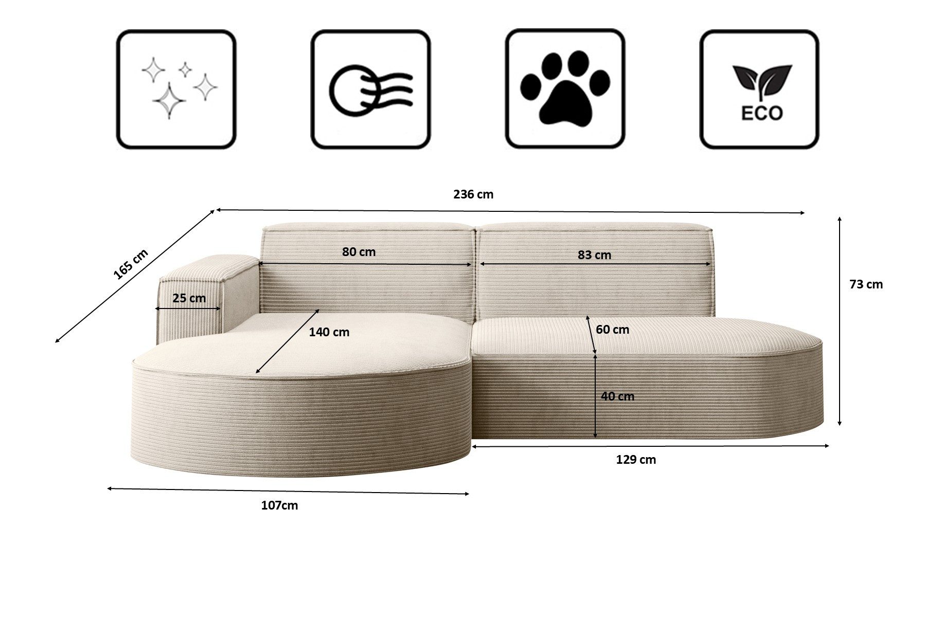 Kaiser Möbel Ecksofa Designer MODENA STUDIO L stoff Cord, Ecksofa, Cord Sofa, L-Form, Links/Rechts wählbar