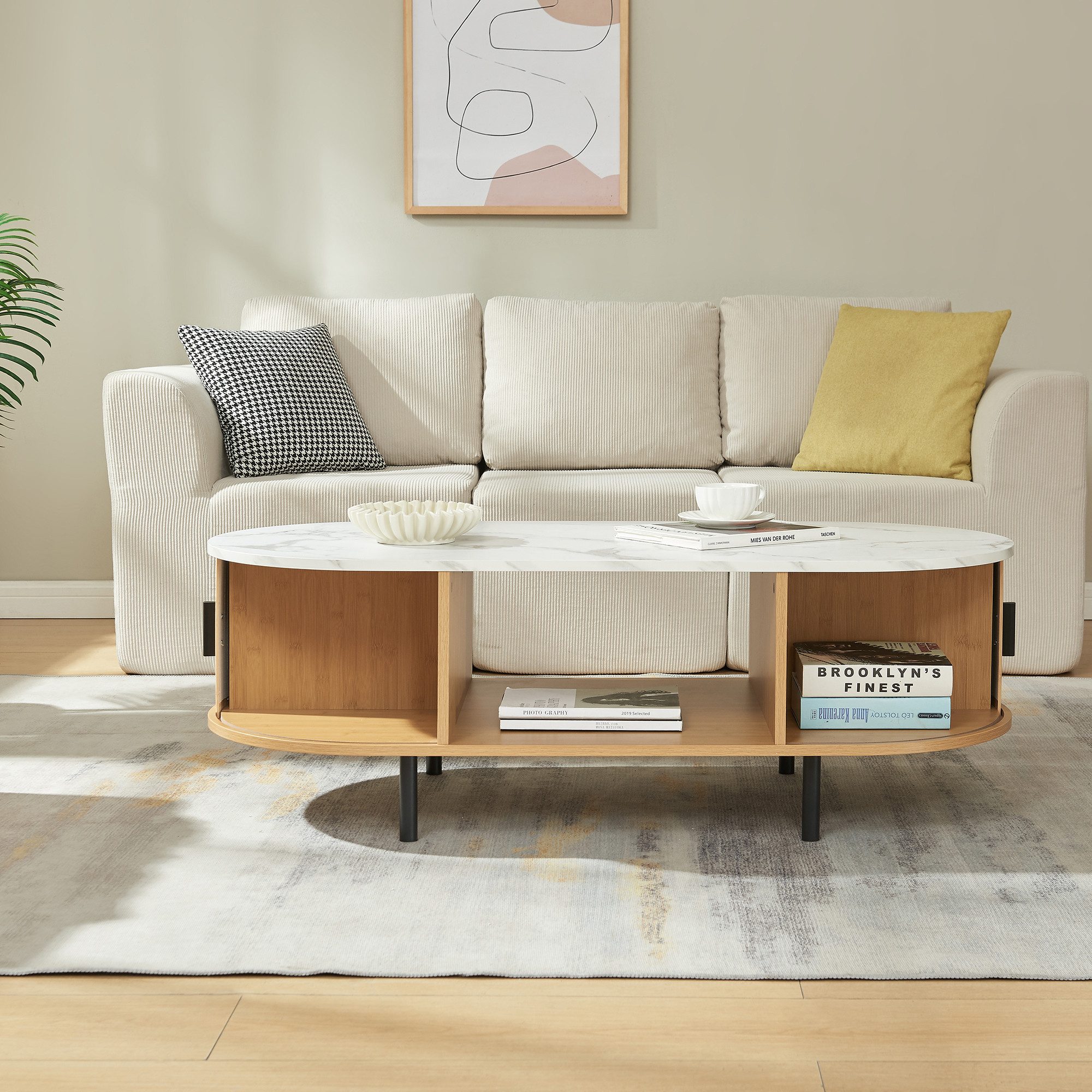 en.casa Couchtisch, »Tvedestrand« mit 2 Türen Metallbeine 120x55x40 cm Marmorweiß/Natur