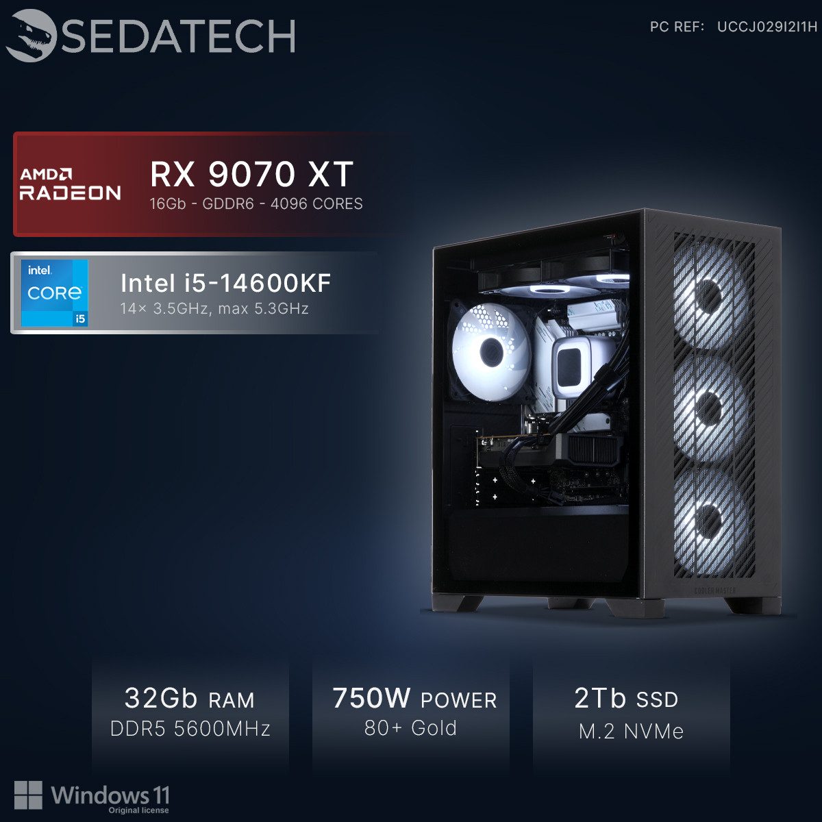 Sedatech UCCJ029I2I1HF - Watercooling Gaming-PC (Intel Core i5 14600KF 14x 3.5GHz (max 5.3GHz), Radeon RX 9070 XT 16GB, 32 GB RAM, 2000 GB SSD, Watercooling, Wlan 6E)