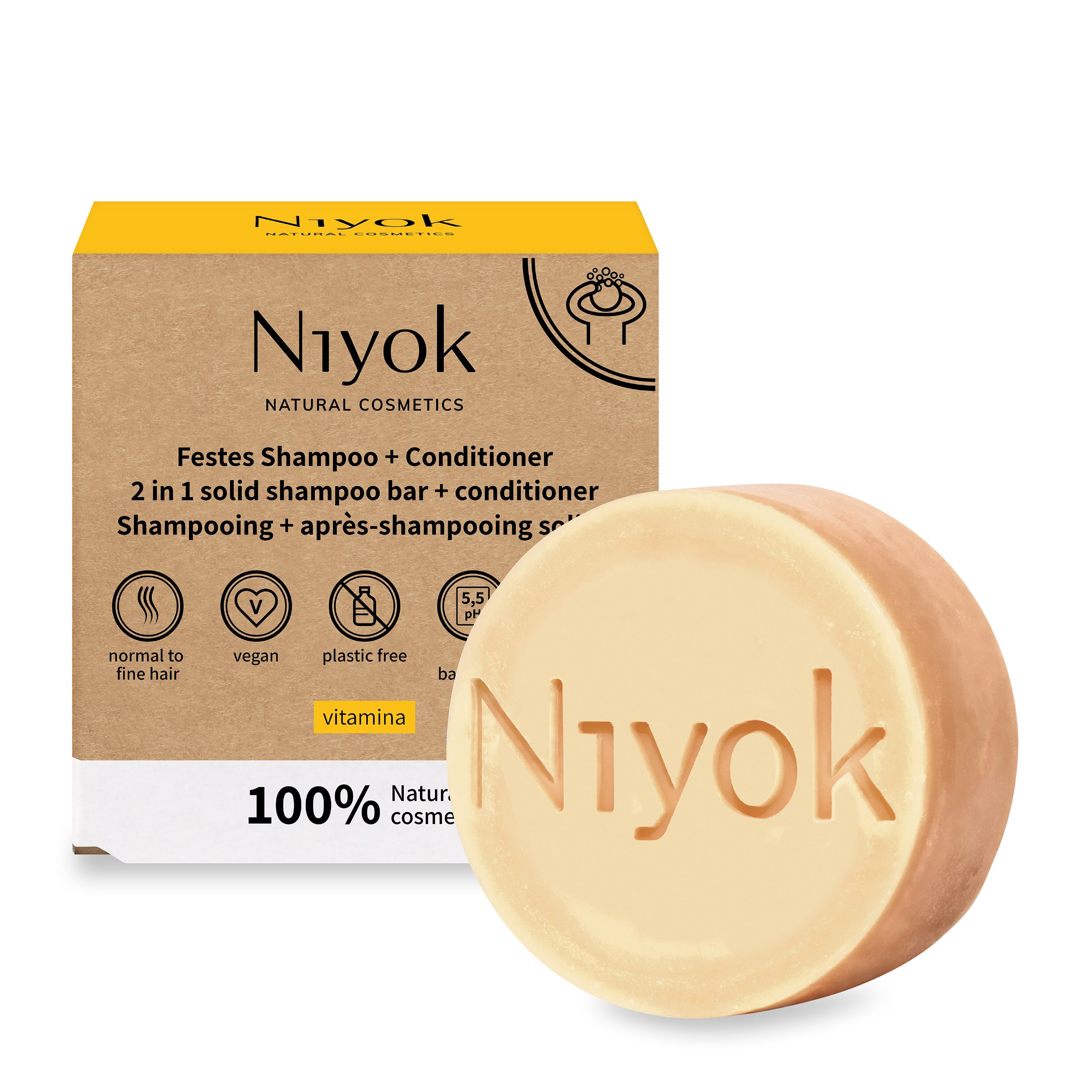Niyok Festes Haarshampoo 2-in-1 Festes Shampoo + Conditioner Plastikfrei & Vegan, Nachhaltiges Shampoo & Spülung, PH-Neutral, normales & feines Haar