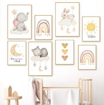 TPFLiving Kunstdruck (OHNE RAHMEN) Poster - Leinwand - Wandbild, Motive für das Kinderzimmer - Jugendzimmer - (Elefant, Hase, Katze, Regenbogen, Herz, Sonne), Farben: Beige, Gelb, Braun, Grau - Größe 13x18cm