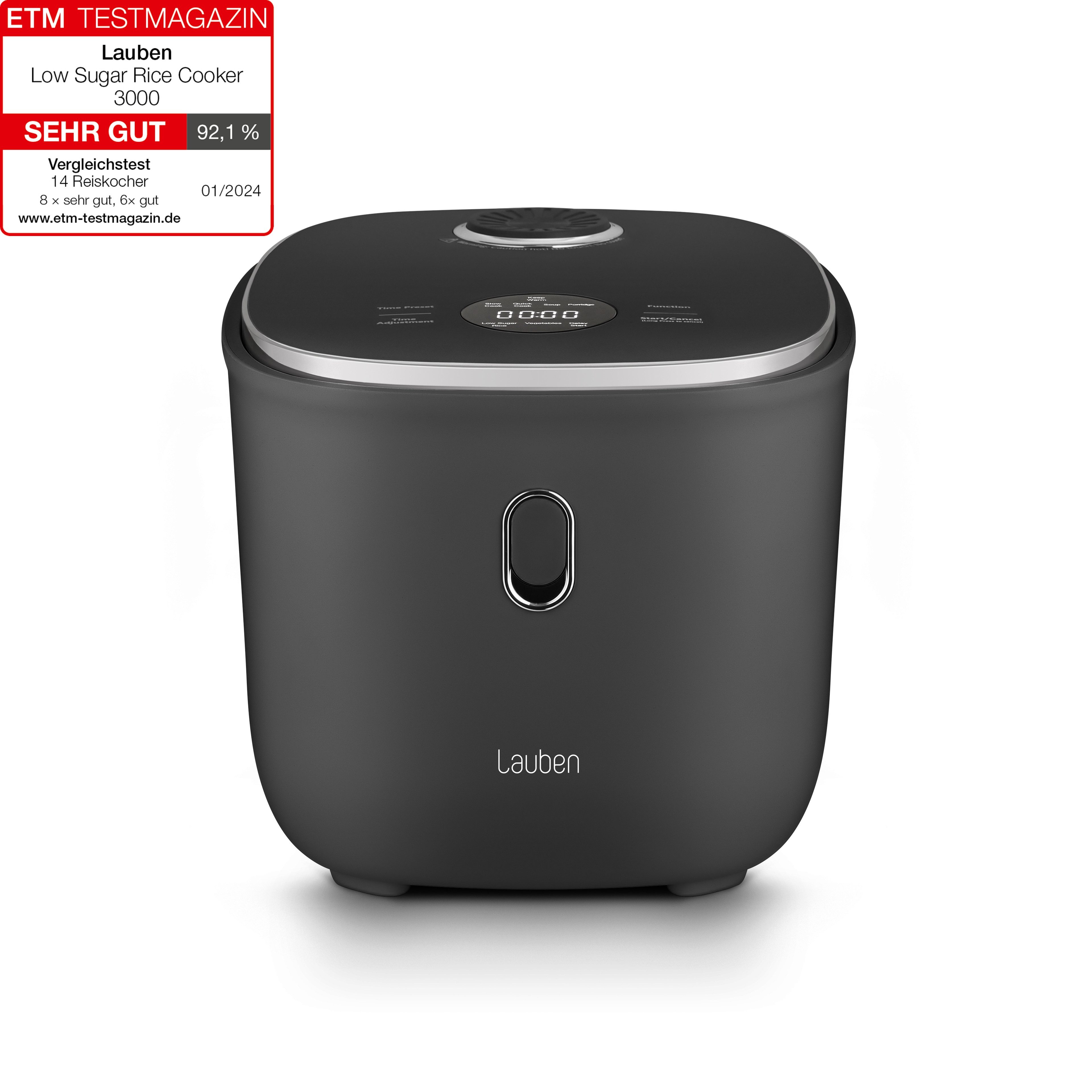 Lauben Reiskocher Low Sugar Rice Cooker 3000, 3l Volumen, 6 modi, verzögerter Start, 605,00 W, Antihaft-Keramikoberfläche spülmaschinengeeignet, Überlaufschutz