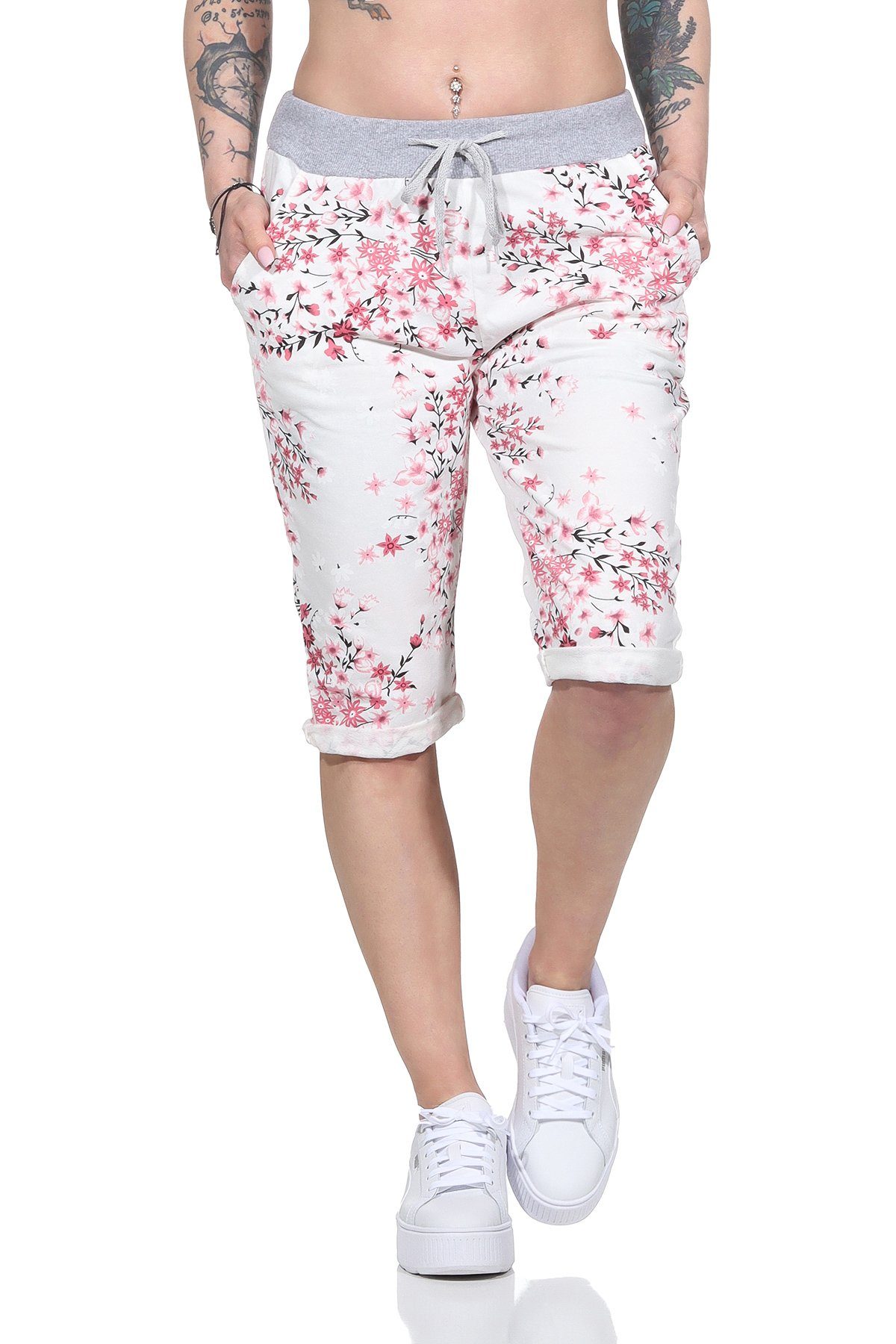 Aurela Damenmode Bermudas Kurze Damen Sommerhose leichte Bermuda Shorts  gemustert mit elastischen Bund und Schnürung, auch in großen Größen