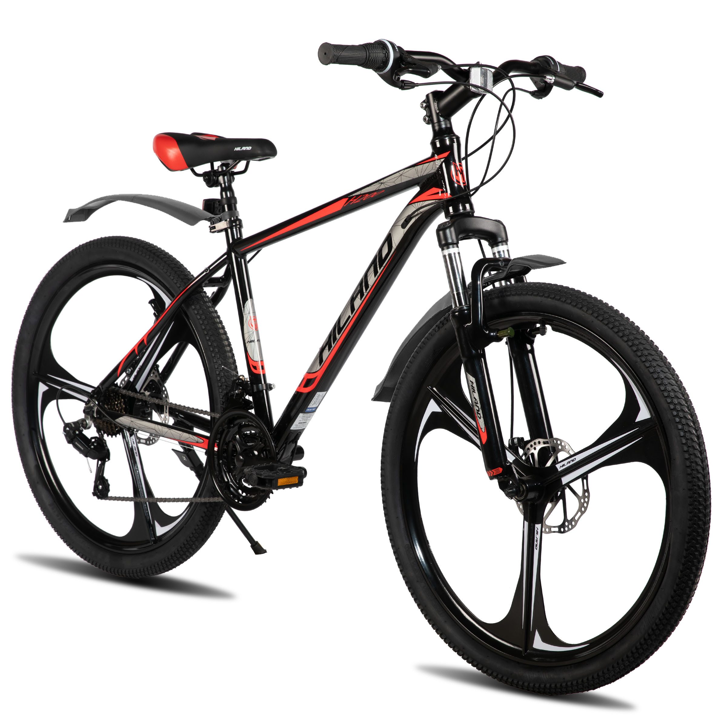 HILAND Mountainbike 26" Aluminium MTB Shimano 18-Gang, 3D/6D Felgen wählbar, 3/6-Speichen-Räder, 18-Gang, mit Schutzblechen, Doppelscheibenbremsen