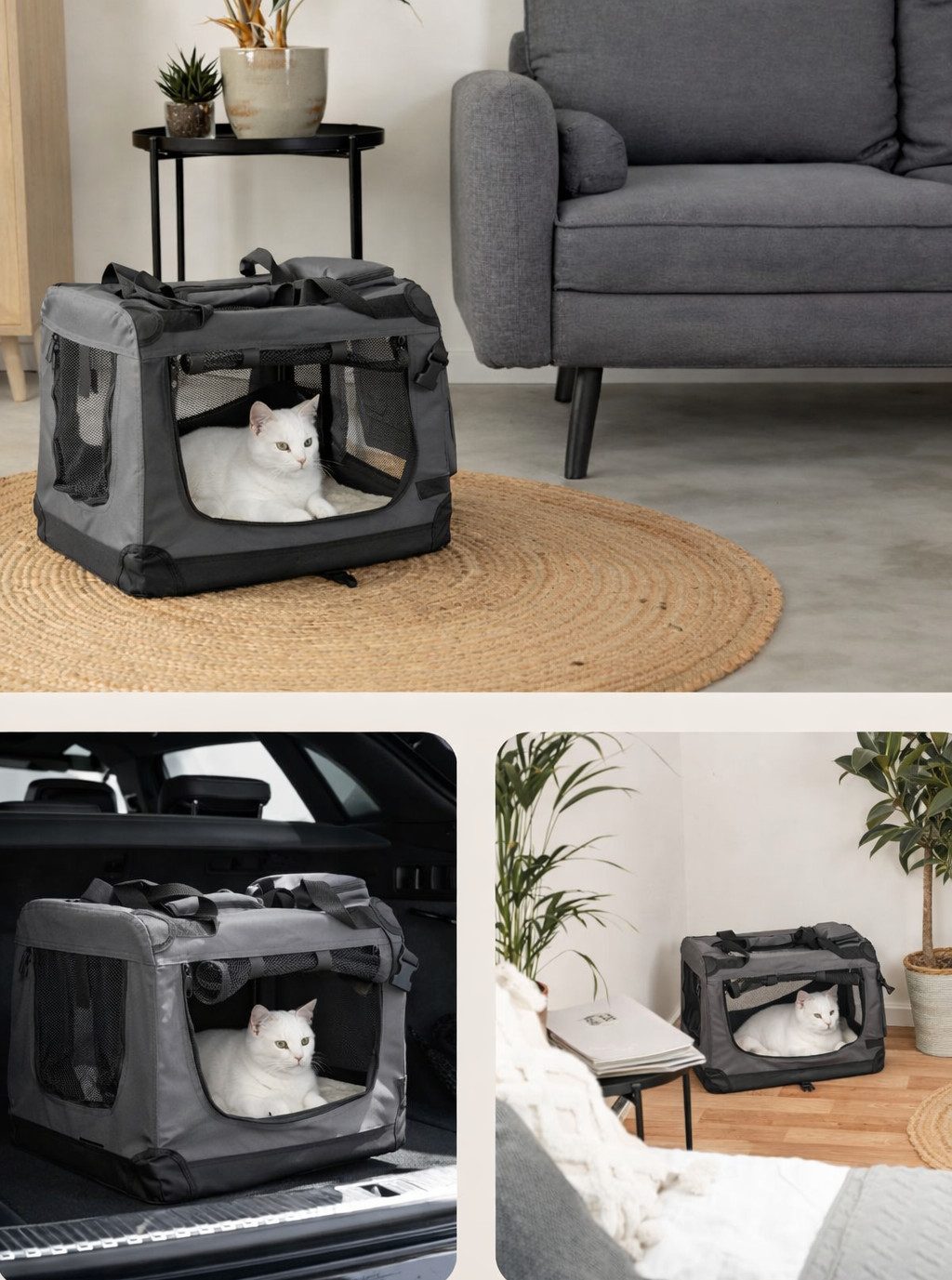 lionto Tiertransportbox für Katzen, leicht und komfortabel aus Textil bis 10 kg, 50x36x34 cm, grau