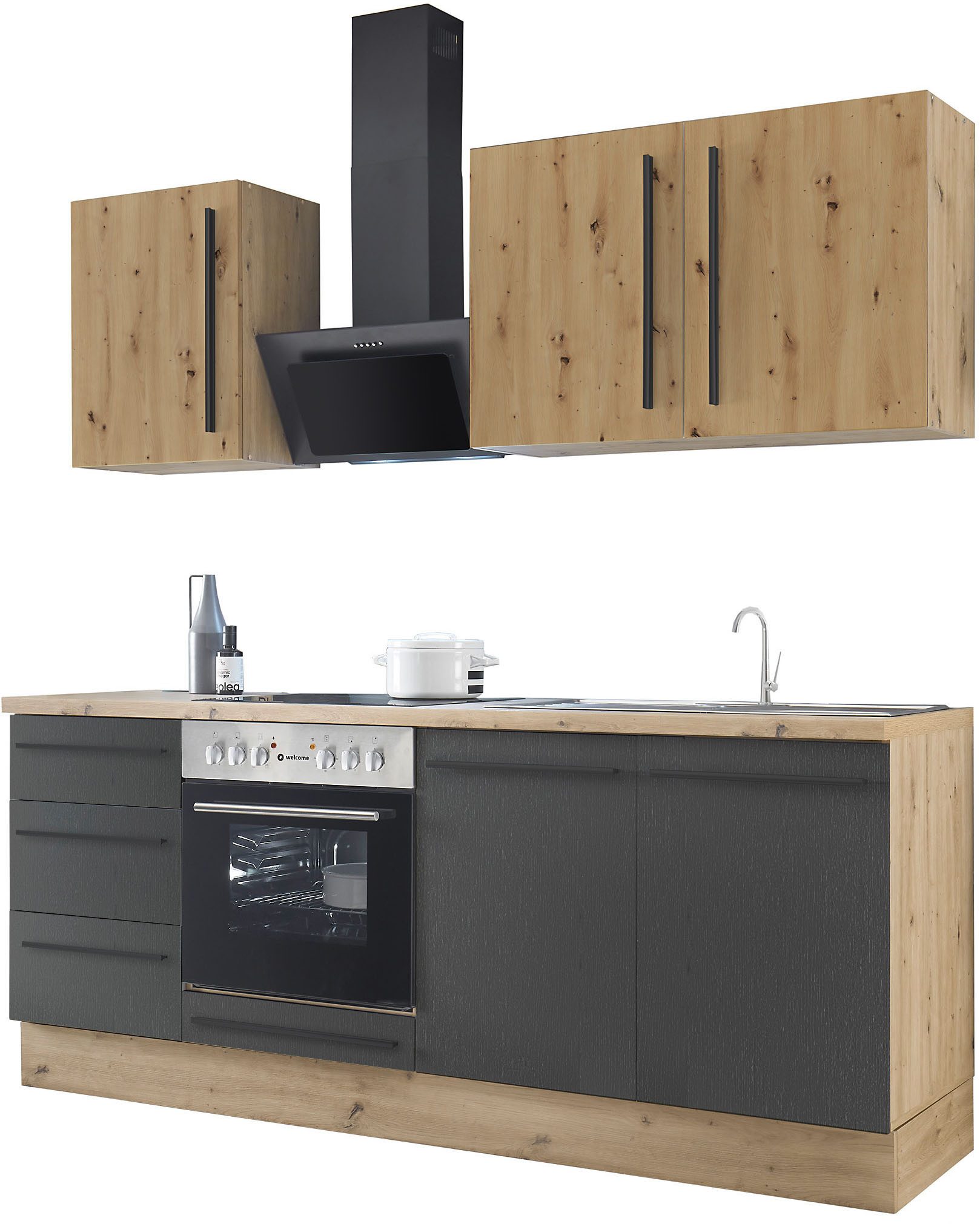 KOCHSTATION Küchenzeile KS-Florida mit 38mm starker Arbeitsplatte, Breite 210 cm, wahlweise mit E-Geräten, Soft-Close-Funktion