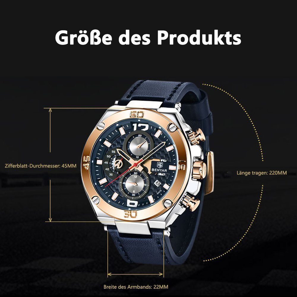 Quarzwerk Casual GelldG Herrenuhr Uhr Gold, Blau Lederarmband und Chronograph wasserdichte