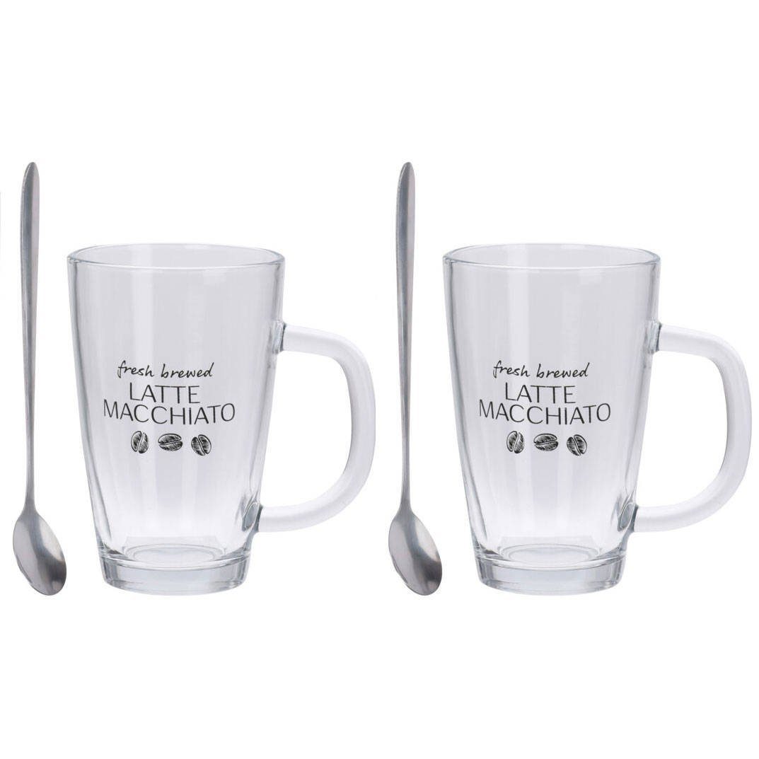 Excellent Houseware Glas Kaffee-Set für 2 Personen, 2 Kaffeegläser + 2 Löffeln, Glas