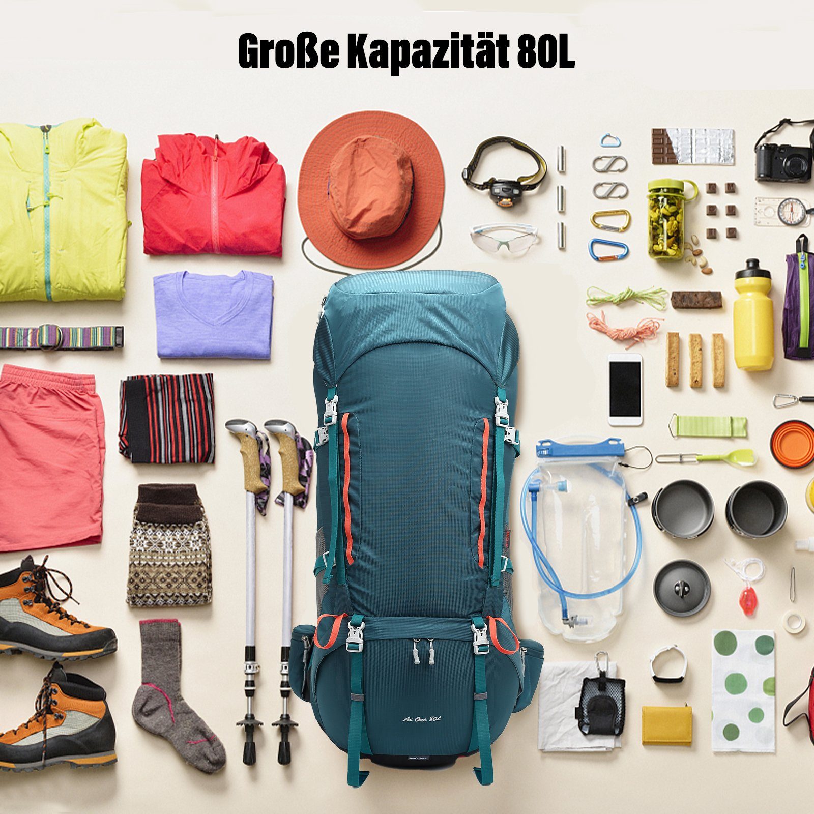 Großer, für Klettern Campingrucksack Wandern, Dunkelgrün Trekkingrucksack Wanderrucksack 80L Radfahren, Mit Reiserucksack Wanderrucksack Regenabdeckung TAN.TOMI