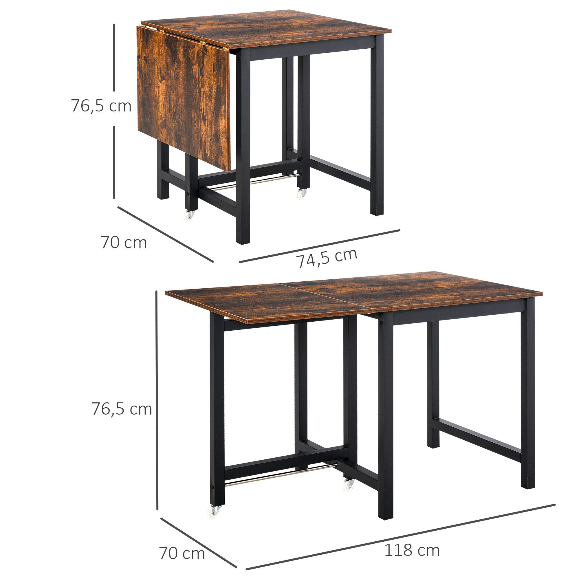 HOMCOM Klapptisch ausziehbar, klappbar mit Rollen, bis 20 kg belastbar (Esszimmertisch, 1-St., Küchentisch), für Küche, Esszimmer, 118 x 70 x 76,5 cm, Braun