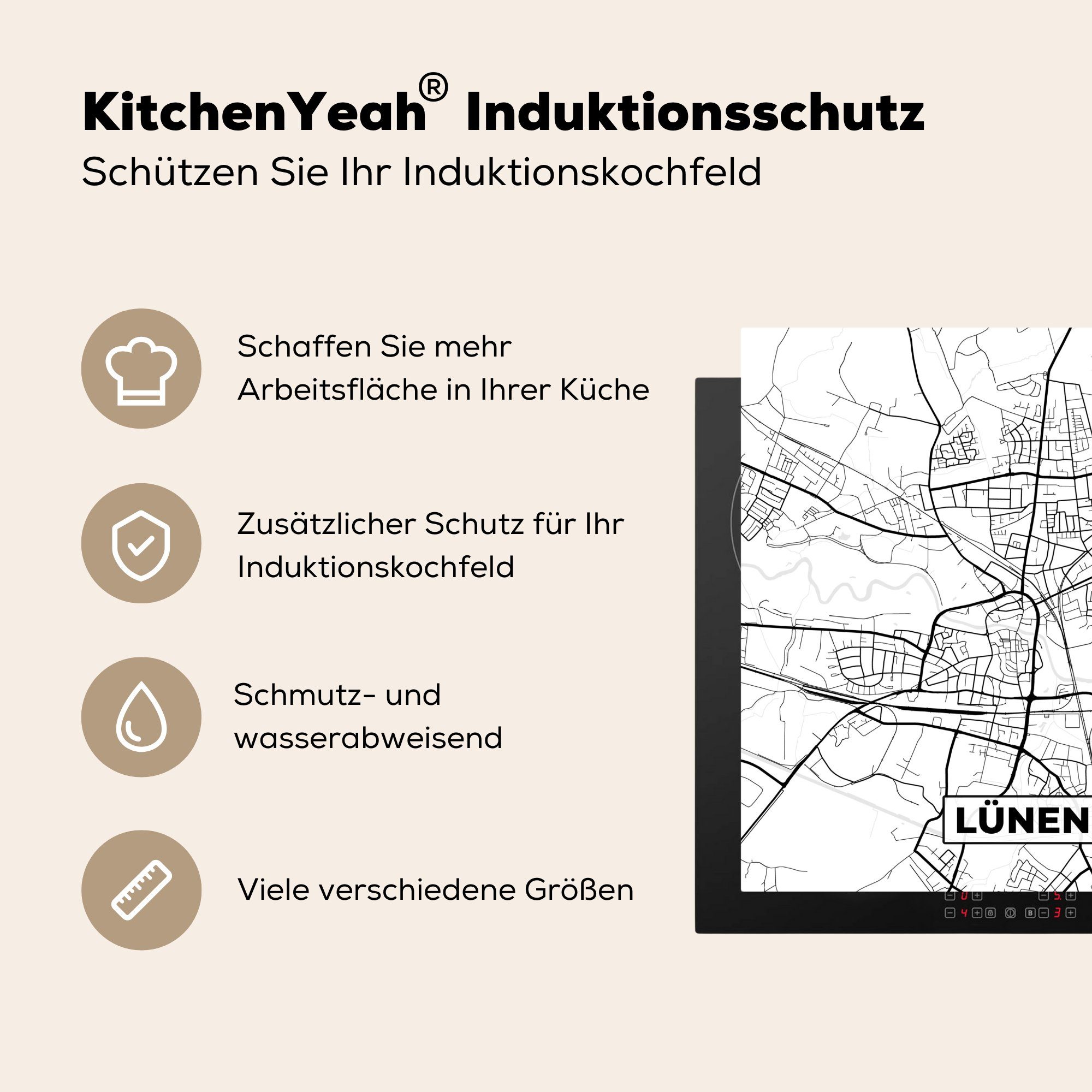 Karte Stadtplan Herdblende-/Abdeckplatte 78x78 (1 - Karte, Arbeitsplatte küche Ceranfeldabdeckung, tlg), MuchoWow cm, für - Vinyl, Lünen -
