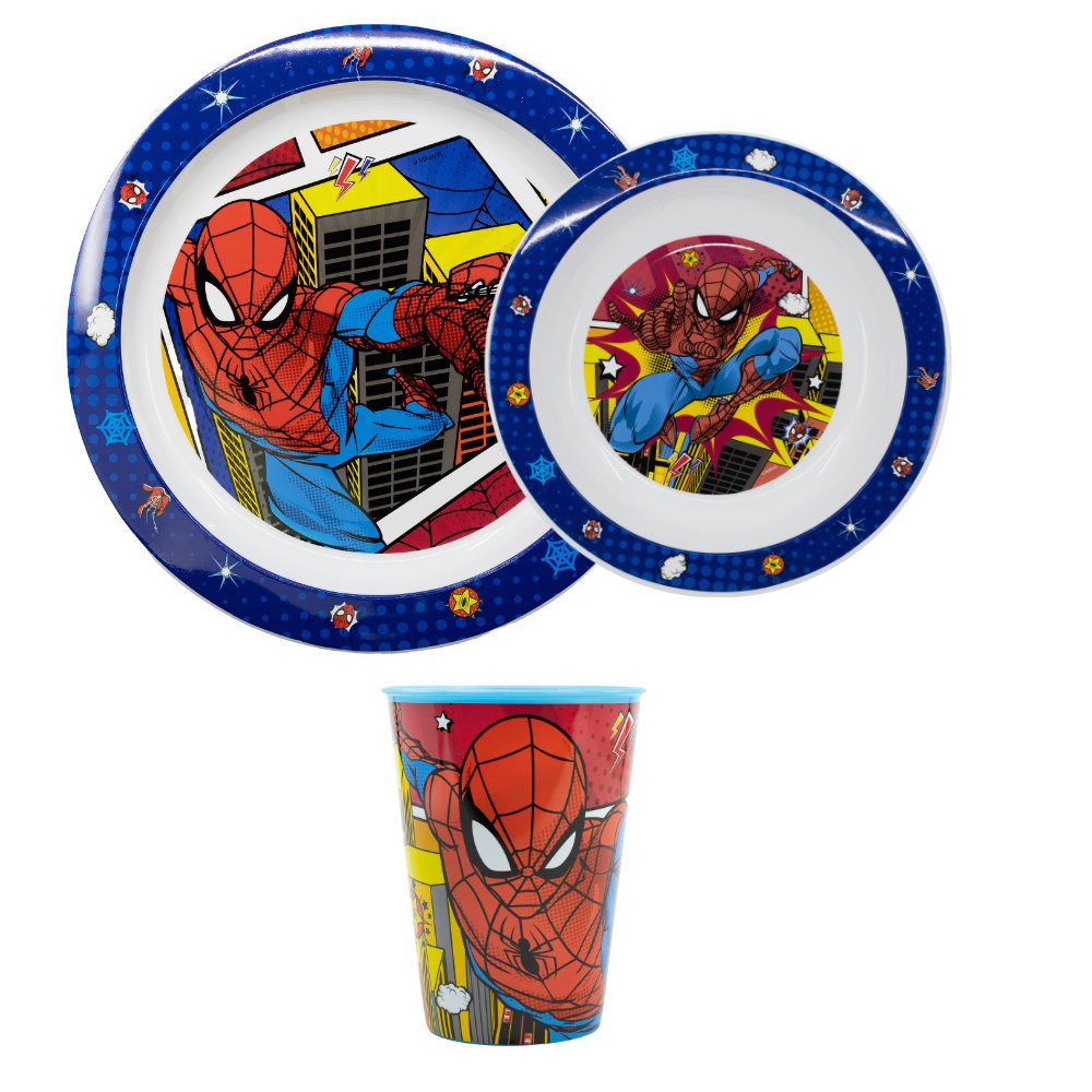 MARVEL Kindergeschirr-Set Marvel Spiderman Kinder Geschirr-Set 3 teilig Becher Teller Schüssel, 1 Personen, Synthetik
