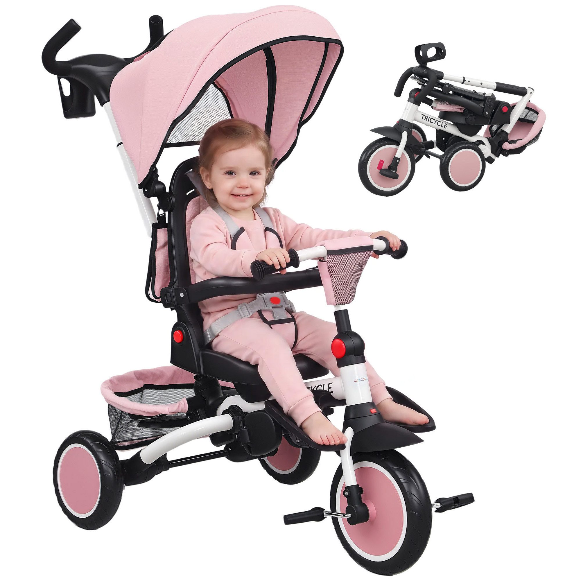 AIYAPLAY Dreirad 6in1 mit Schubstange Faltbar Kinderdreirad mit drehbarem Sitz, für 1-5 Jahre Rosa