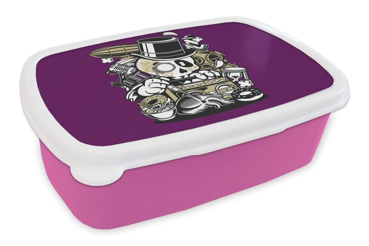 MuchoWow Lunchbox Totenkopf - Radio - Vintage, Kunststoff, (2-tlg), Brotbox für Erwachsene, Brotdose Kinder, Snackbox, Mädchen, Kunststoff rosa