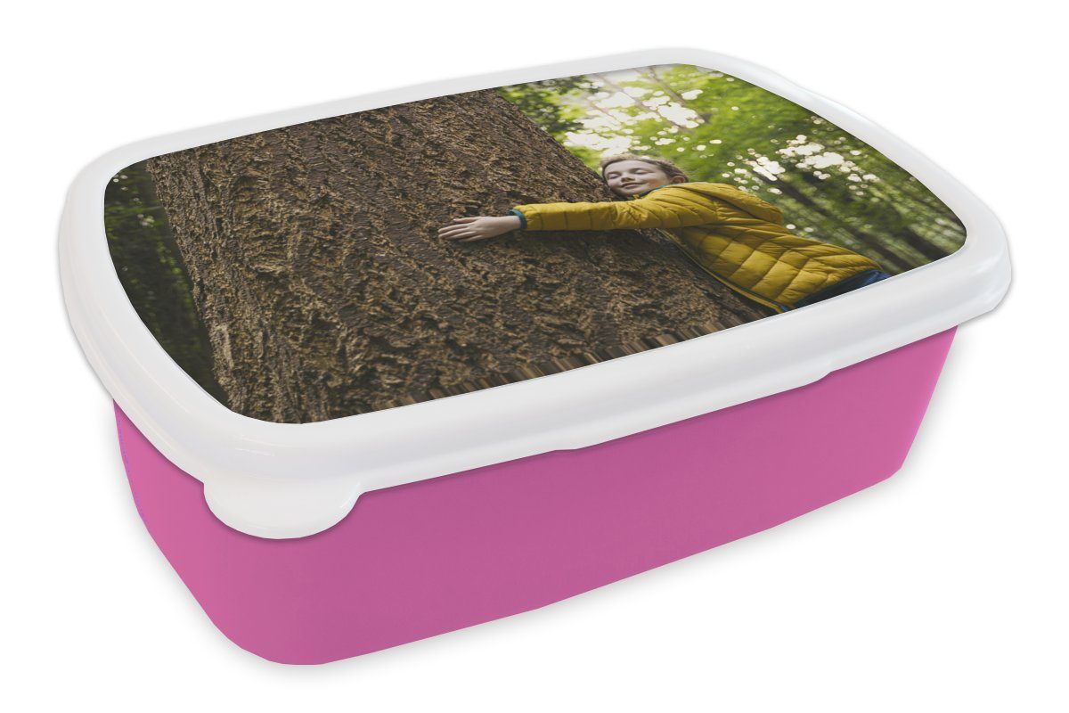MuchoWow Lunchbox Kind - Baum Snackbox, Kinder, Brotbox Brotdose (2-tlg), Mädchen, Erwachsene, Kunststoff Wald, für - Kunststoff, rosa
