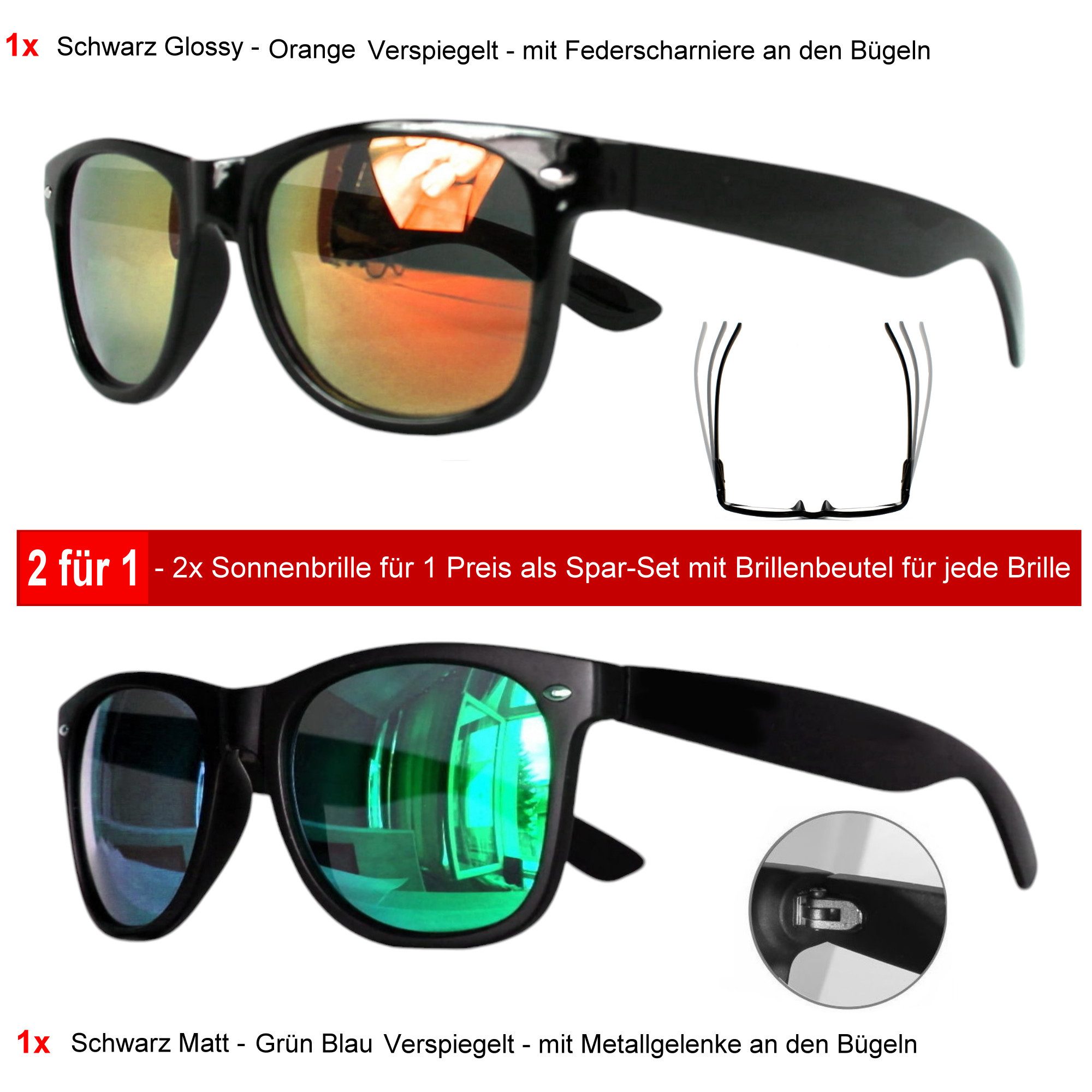 Rennec Sonnenbrille (Spar-Set Retro Sonnenbrillen 1x Schwarz Glanz und 1x Schwarz Matt) Ovale Sonnenbrillen 1x Grün-Blau und 1x Orange Verspiegelte Linsen