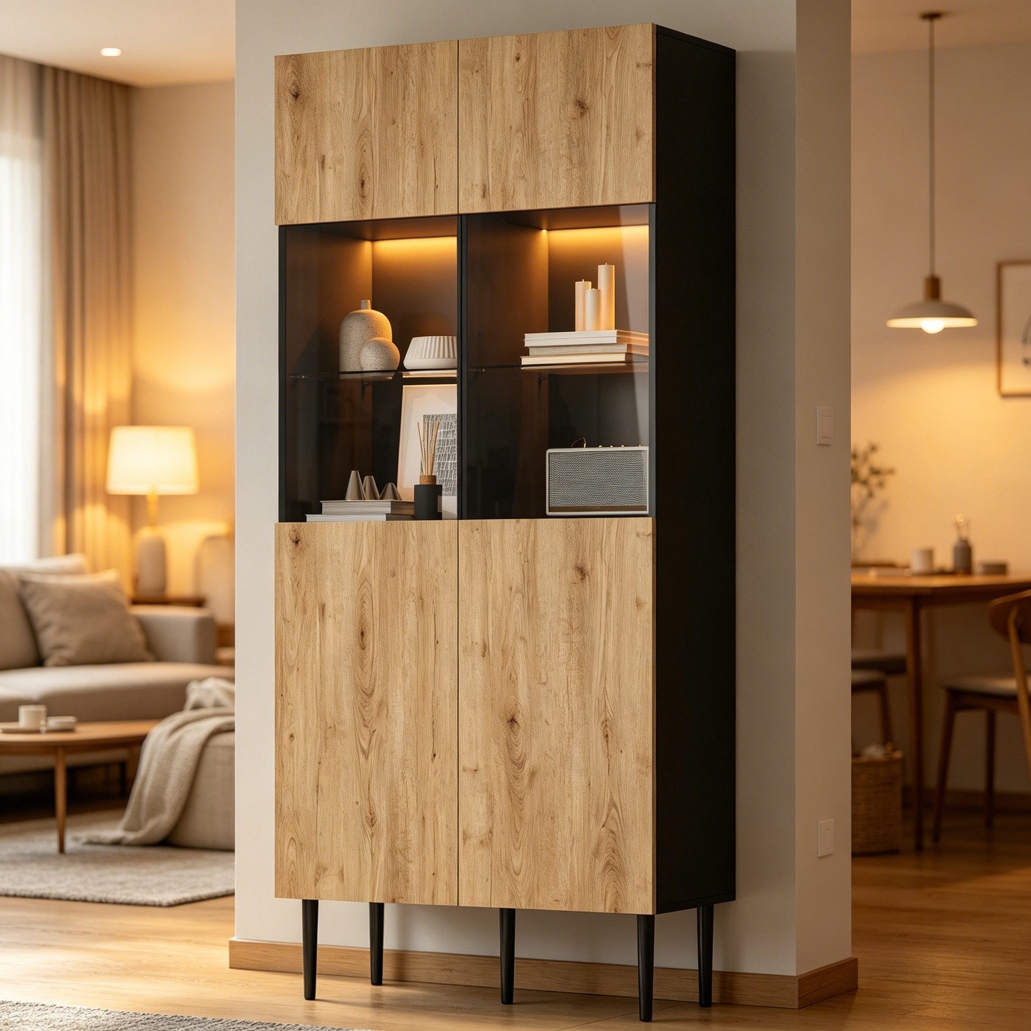 Merax Vitrine mit LED-Beleuchtung, Wohnzimmerschrank in Naturholzoptik & Schwarz (Aufbewahrungsschrank mit Metallbeinen, 1-St., 80x35x180 cm) Hochschrank mit Glastüren, 10 Fächern & verstellbaren Glasböden