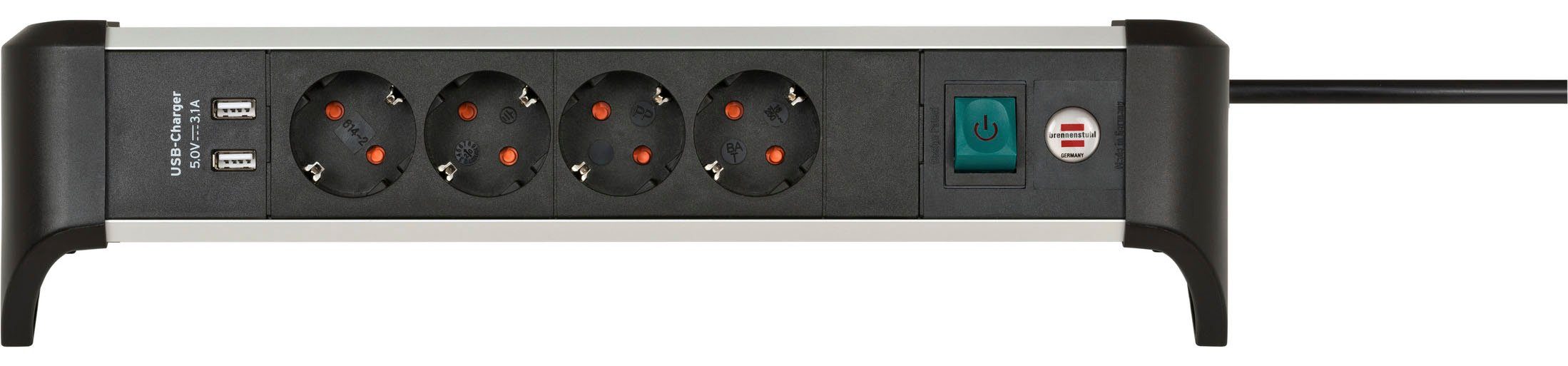 Brennenstuhl Alu-Office-Line Steckdosenleiste 4-fach (Kabellänge 1,8 m), mit USB und Schalter