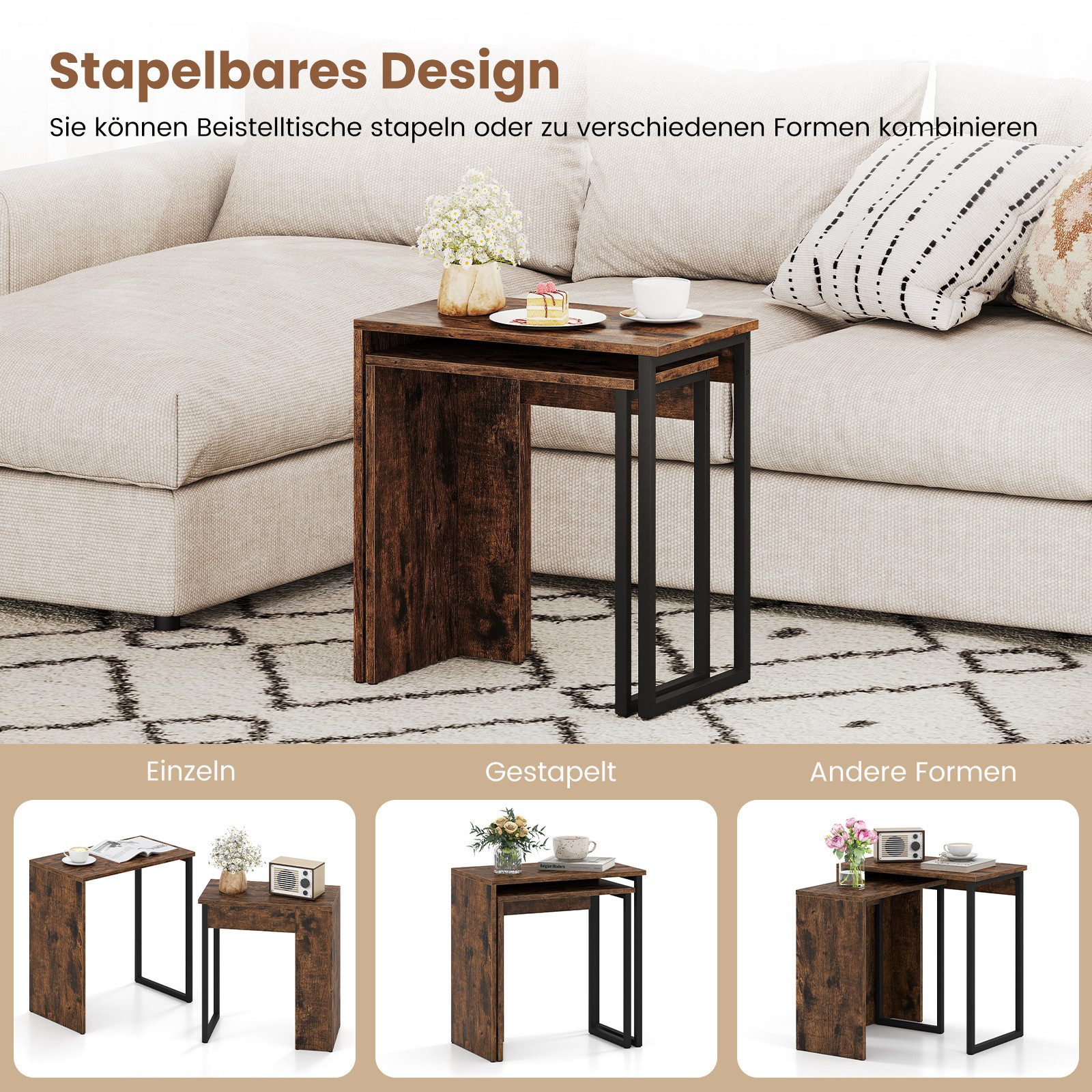 COSTWAY Beistelltisch (2er Set), 2-in-1 Satztisch Set stapelbar, Holz