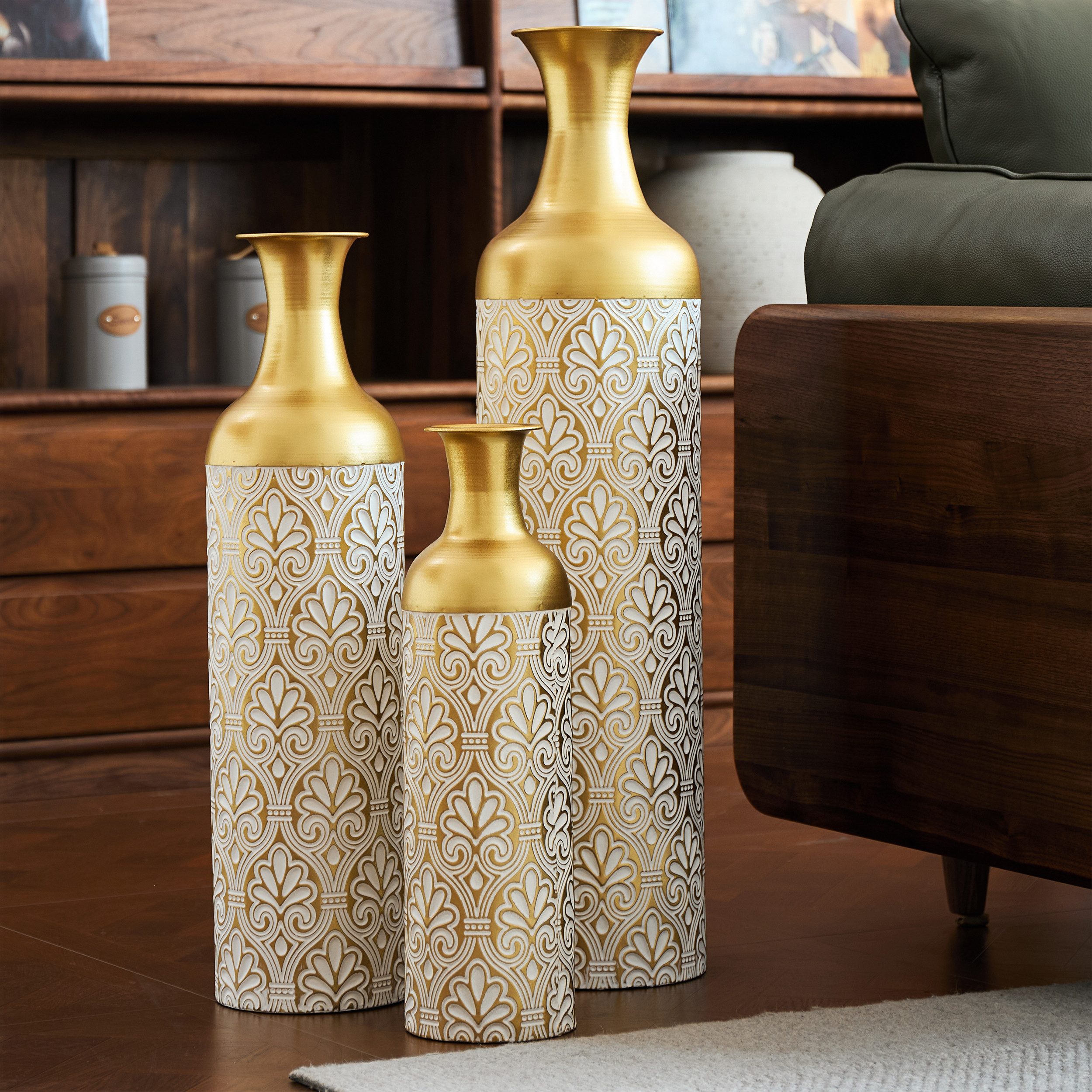 KLAM HOME Bodenvase Große Bodenvase 3er Set aus Metall, (50/65/83 cm), Mid-Century Modern (Dekovase Boden bis zur Decke reichende Vase, hohe dekorative Vase), V – Bild 5 von 5