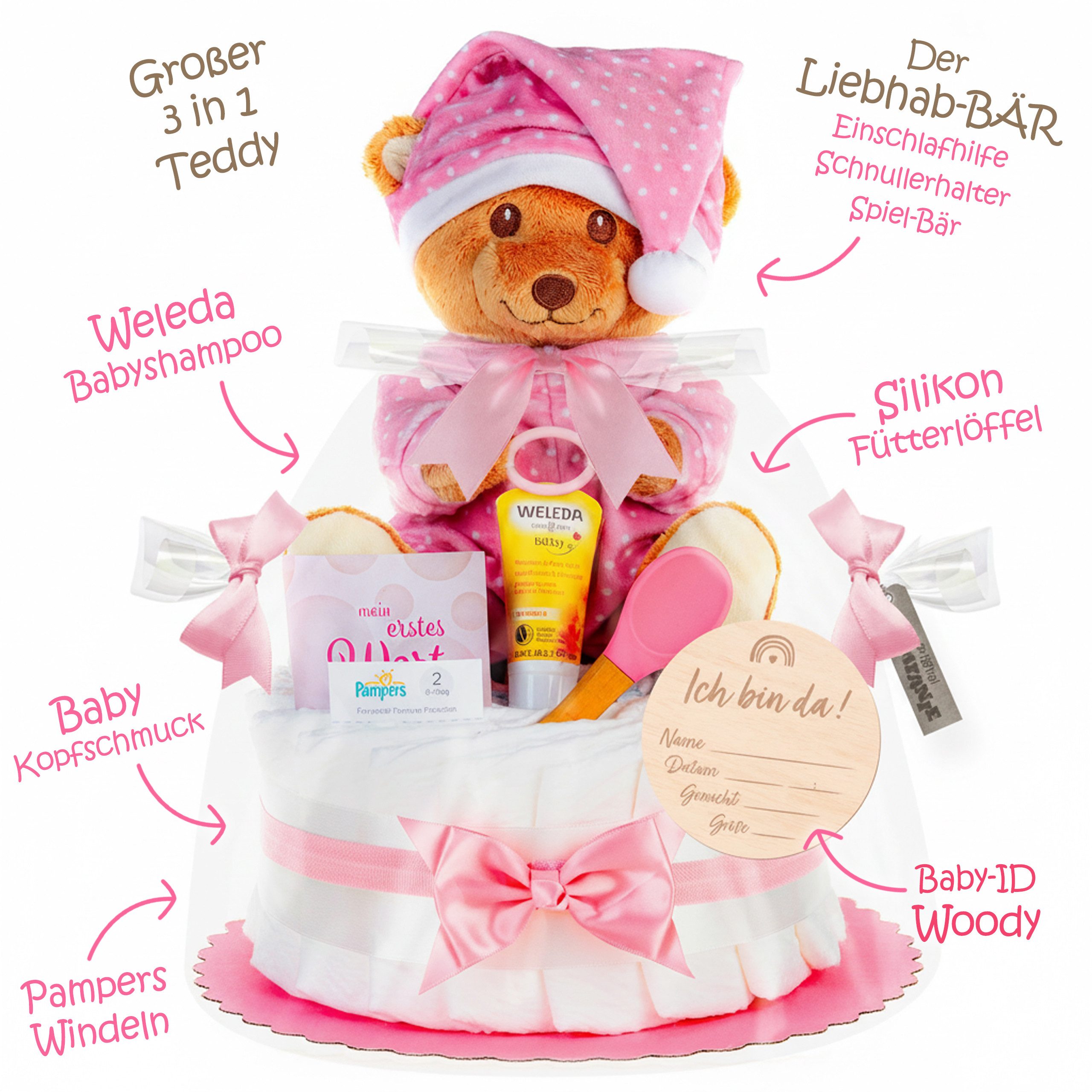 Timfanie Windeln & Wow, Windeltorte mit LiebhabBÄR, rosa, 0-5 Monate (28-St., /Set: Premium Pampers + Kuscheltier + wertige Accessoires), Geschenk zur Geburt & Babyparty