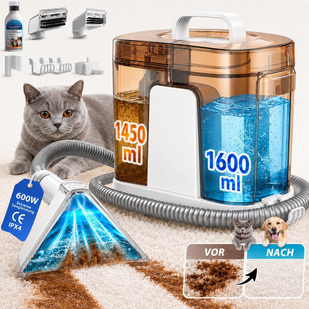 Grenintol Teppichreinigungsgerät 25kPA Waschsauger,Teppichreiniger,Tragbarerer Polsterreiniger Gerät, 600 W, Integrierte Reinigungsfunktion – 1 Flasche Reinigungsmittel kostenlos dazu, 1,6ML Schmutzwasser + 1,45ML Frischwasser, Tragbarerer Fleckenreiniger mit Trenntank-System, Nasssauger, Reinigt und desinfiziert Polster, Teppiche, Autos und Matratzen