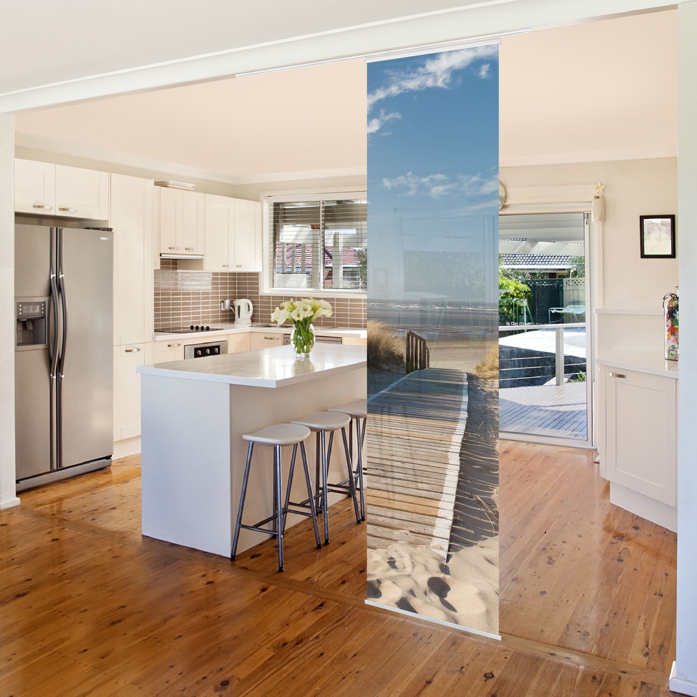 Bilderdepot24 Schiebegardine modern Flächenvorhang blickdicht Ostsee Strand (1 St), halbtransparent, Wohnzimmer große Flächengardine lichtdurchlässig für Klemm-System