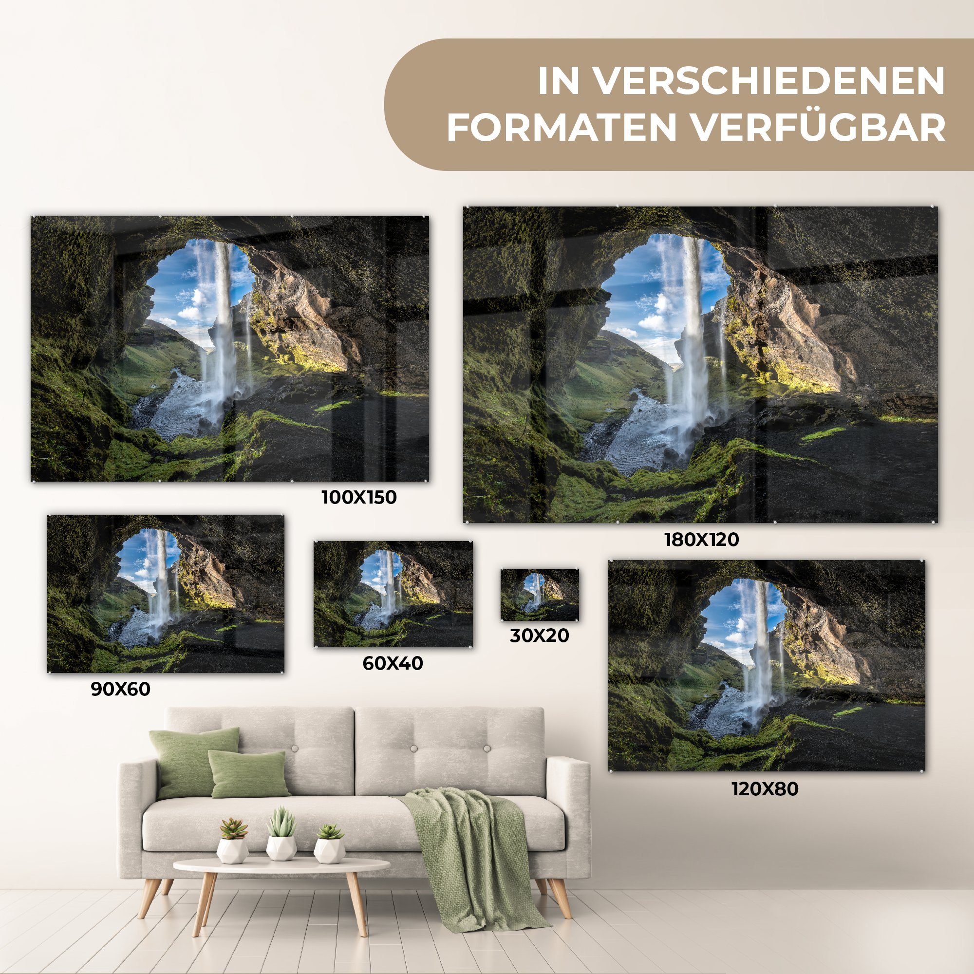 St), (1 Acrylglasbild & Wohnzimmer Wasserfall MuchoWow Schlafzimmer einer Höhle Acrylglasbilder vor Island, in