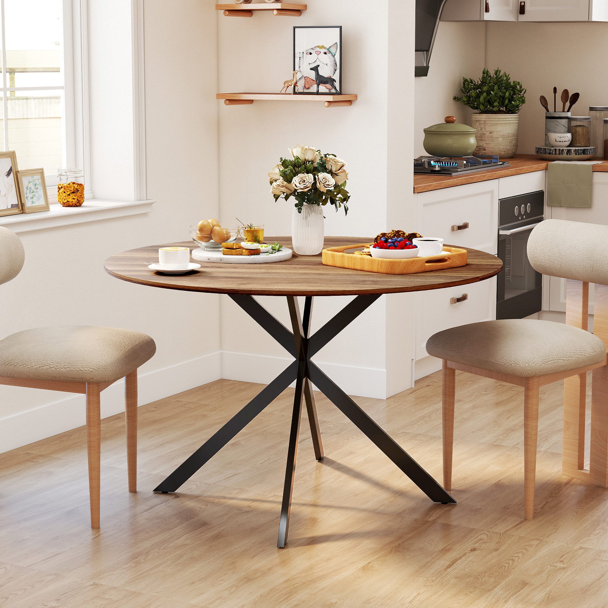 HOMCOM Esstisch Küchentisch im Industriestil mit Stahlbeinen für 4 Personen (für Esszimmer, Küche, Wohnzimmer, 1-St., rund, 120 x 120 x 75 cm), Braun