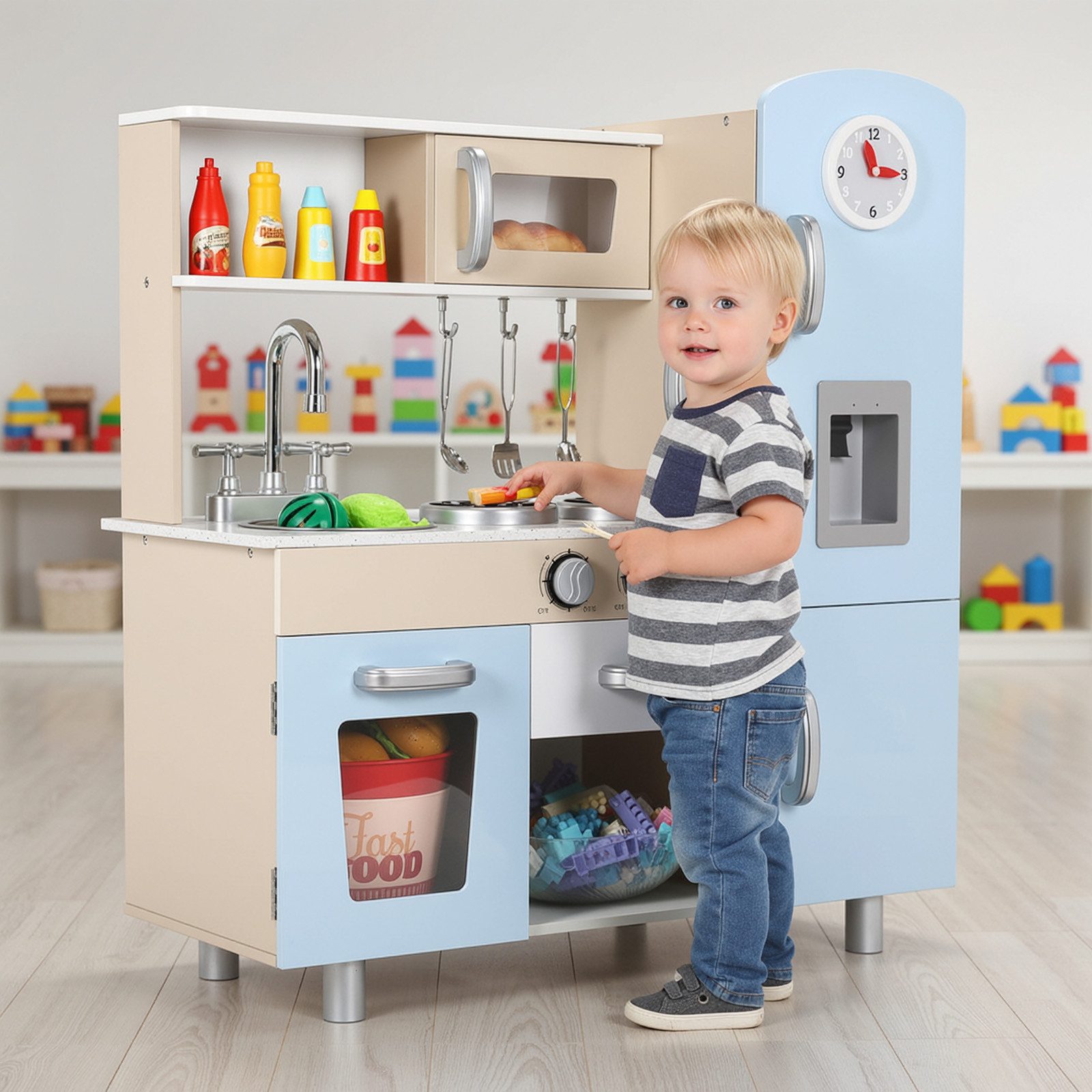 TLGREEN Spielküche mit Licht und Sound, Іграшкиküche für Kinder 81x74x30 cm, Kinderküche Holz,Puppenküche mit Herd, Eismaschine, Telefon, Uhr