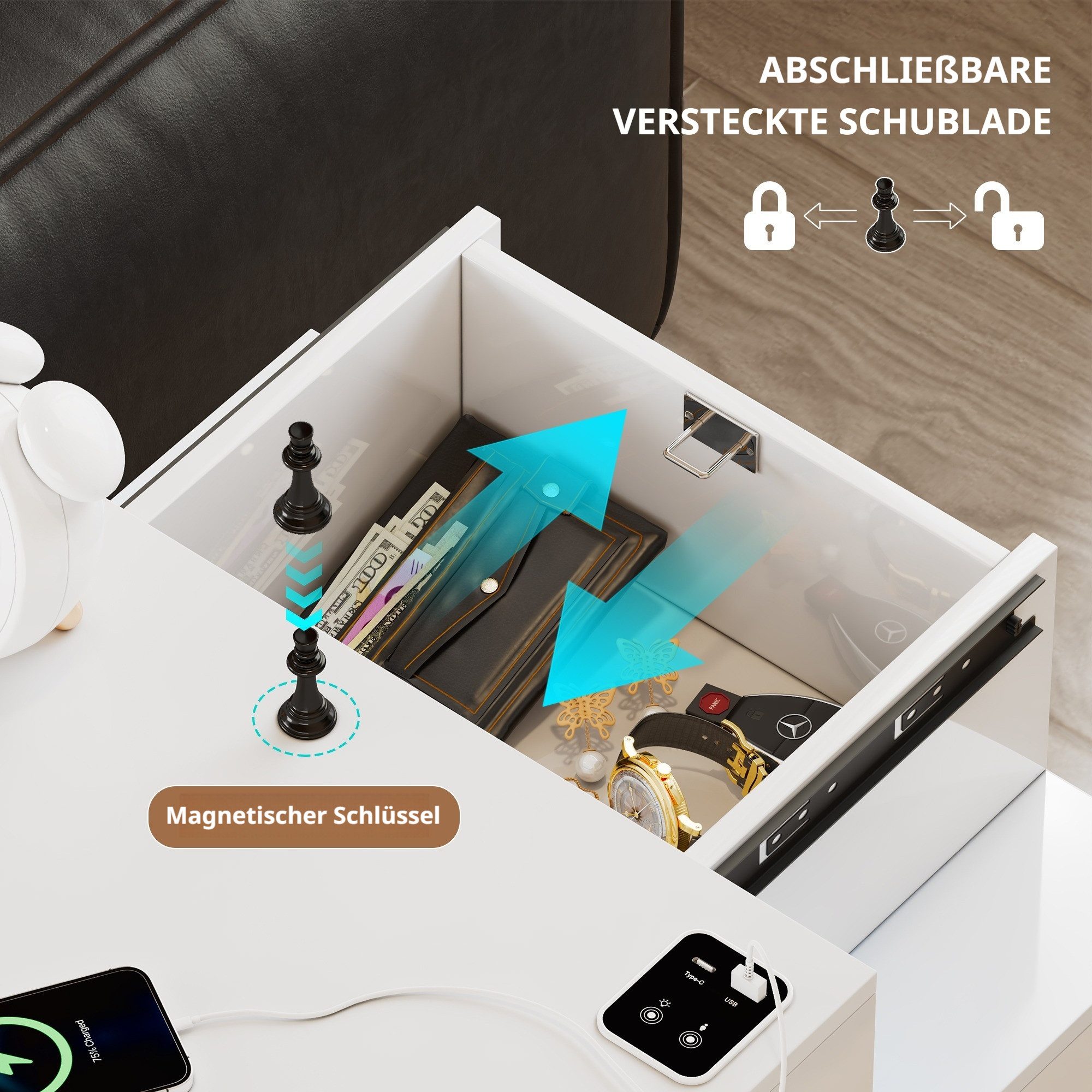 LVSOMT Nachttisch Moderner LED Nachttische mit Geheimfach, Ladefunktion, Sensorlicht (1-St), mit USB-C Laden, Smart LED Lichtfarben, Schubladen mit Spiegel – Bild 5 von 5