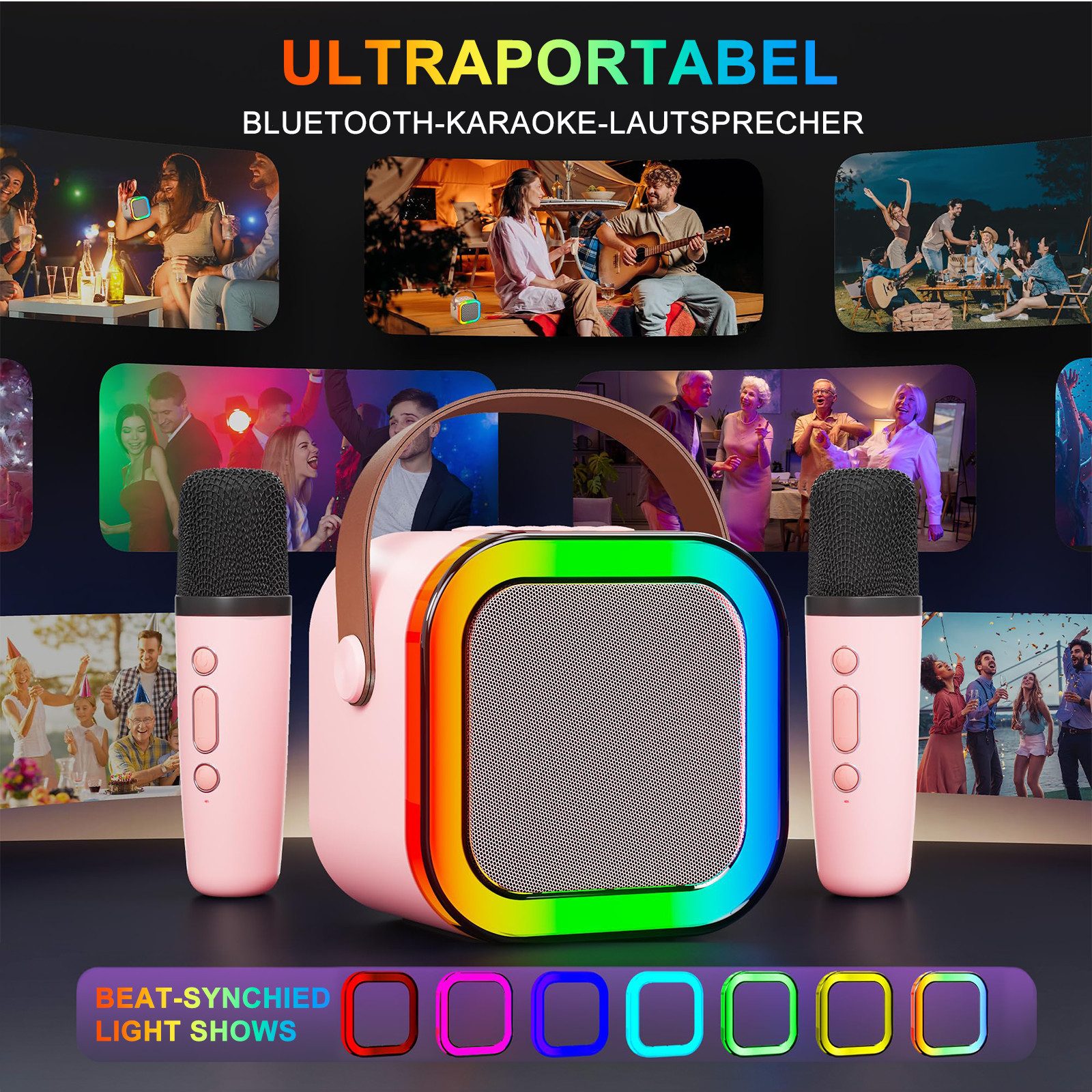 MOPUEA Karaoke-Maschine mit 2 kabellosen Mikrofonen, Mini-Karaoke-Set Bluetooth-Lautsprecher (Bluetooth, 5 W, Partygeschenk, tragbar, Geschenke)