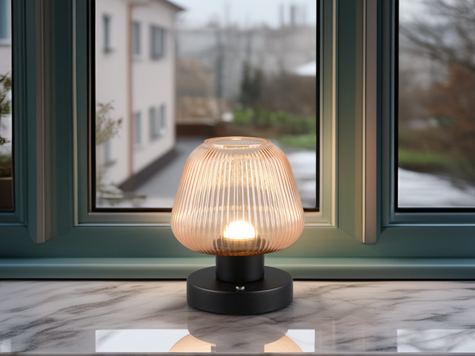 meineWunschleuchte LED Tischleuchte, Dimmfunktion, LED fest integriert, Warmweiß, kleine kabel-lose Akku Lampe ohne Strom mit Glas Lampenschirm H: 18cm