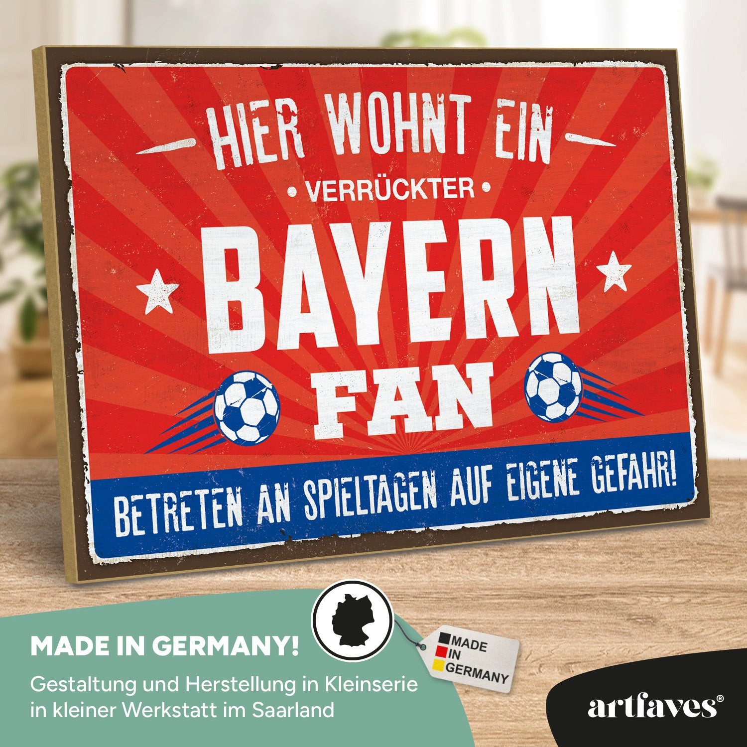 ARTFAVES Holzbild Schild mit Spruch - Hier wohnt ein verrückter BAYERN Fan - Fussball, M