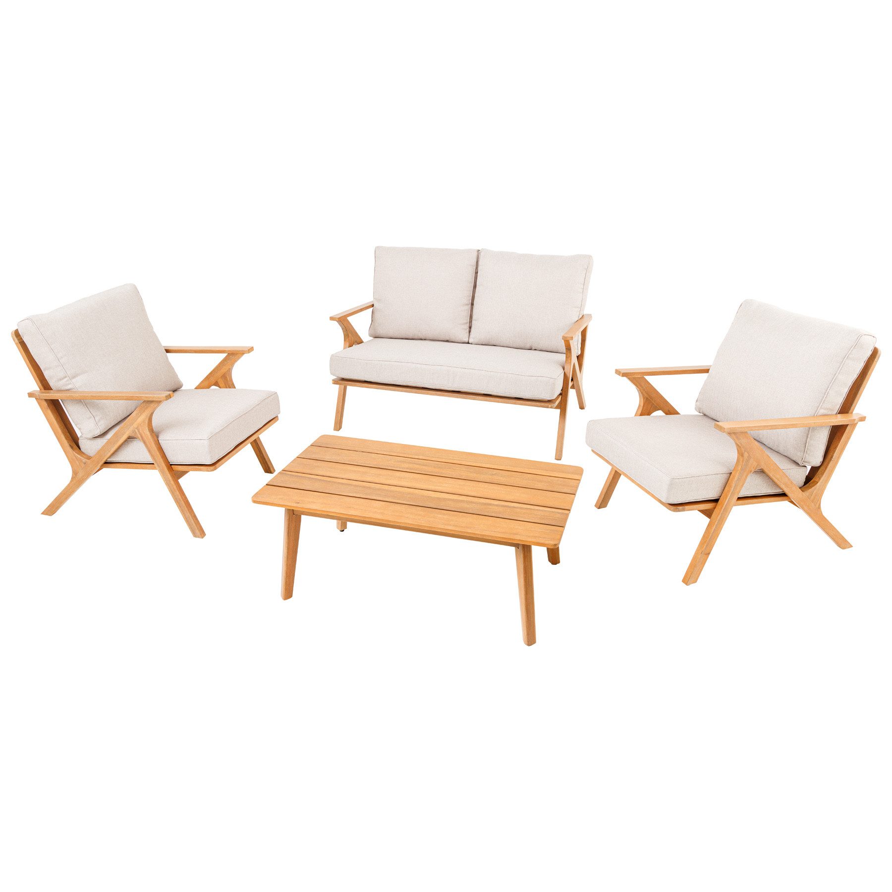 riess-ambiente Loungeset COMFORT LINE natur beige · 4-teiliges Gartenmöbel-Set inkl. Tisch, (Set, 4-tlg), Akazien-Massivholz · 1x Sofa 2x Sessel 1x Tisch · Balkonset · Terrasse
