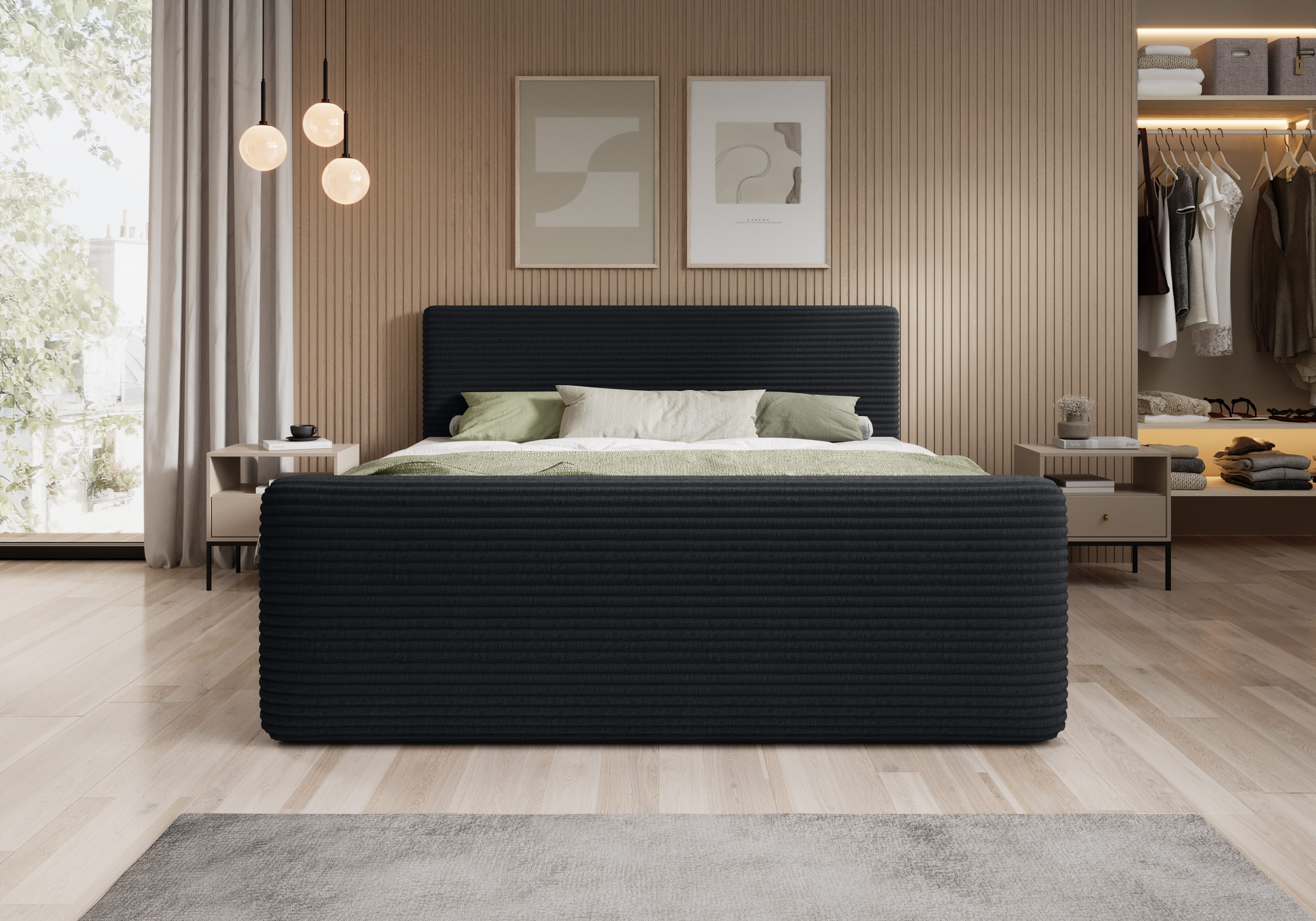 thematys Boxbett Cord mit Bettkasten 140x200–200x200 cm – Luxus Boxbett (Polsterbett Bonnellfederkern Matratze H3 + Gratis 3cm Topper, Doppelbett mit Stauraum)