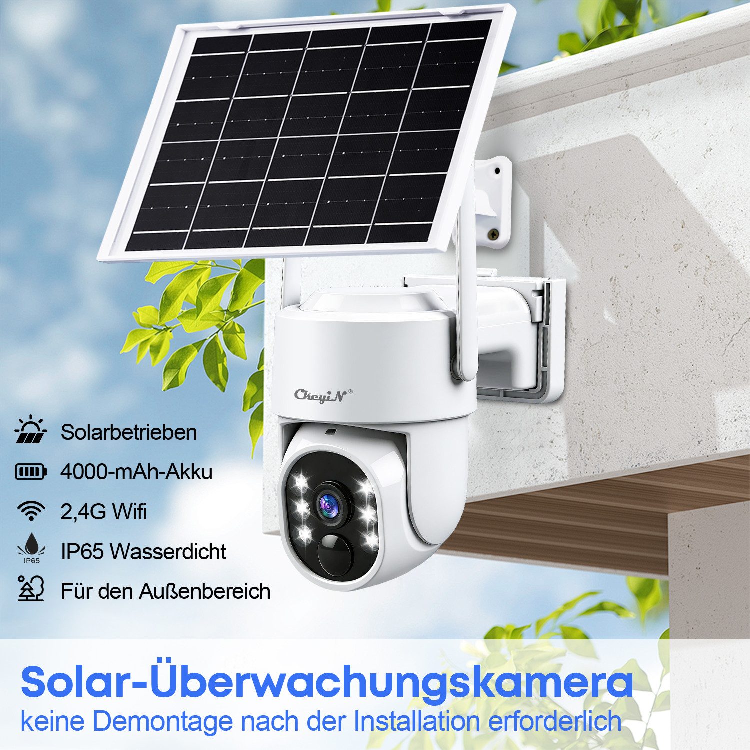 CkeyiN Überwachungskamera außen 360° Solar PTZ Überwachungskamera, 2,4G‑WLAN, 4MP (2K QHD) (Außenbereich, Solarenergieüberwachung, Farbnachtsicht PIR‑Bewegungse – Bild 5 von 5