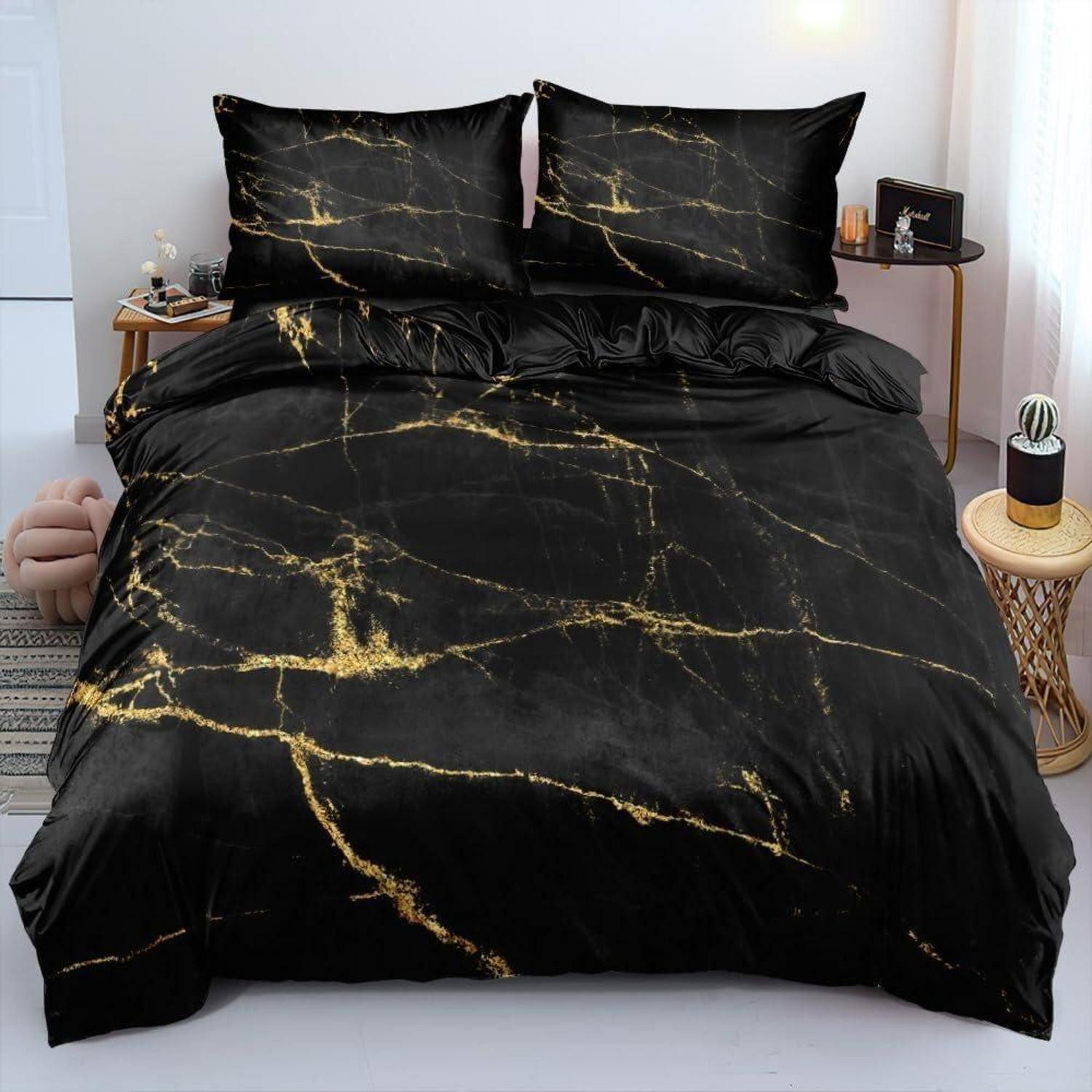 LuxusKollektion Bettwäsche Bettwäsche 135x200 cm Marmor Schwarz Gold 2tlg